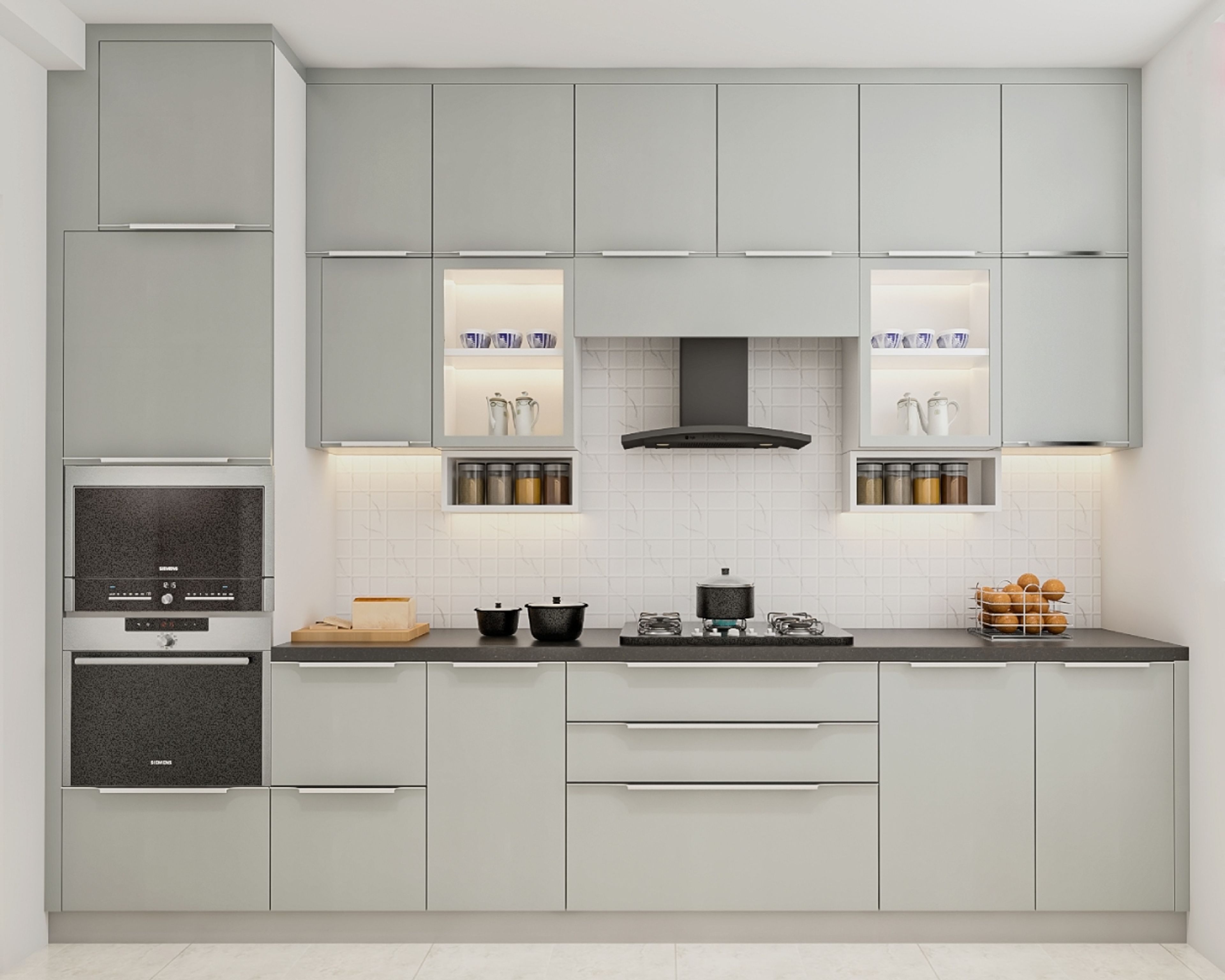 Grey Modern Parallel Kitchen Design with Granite Countertops