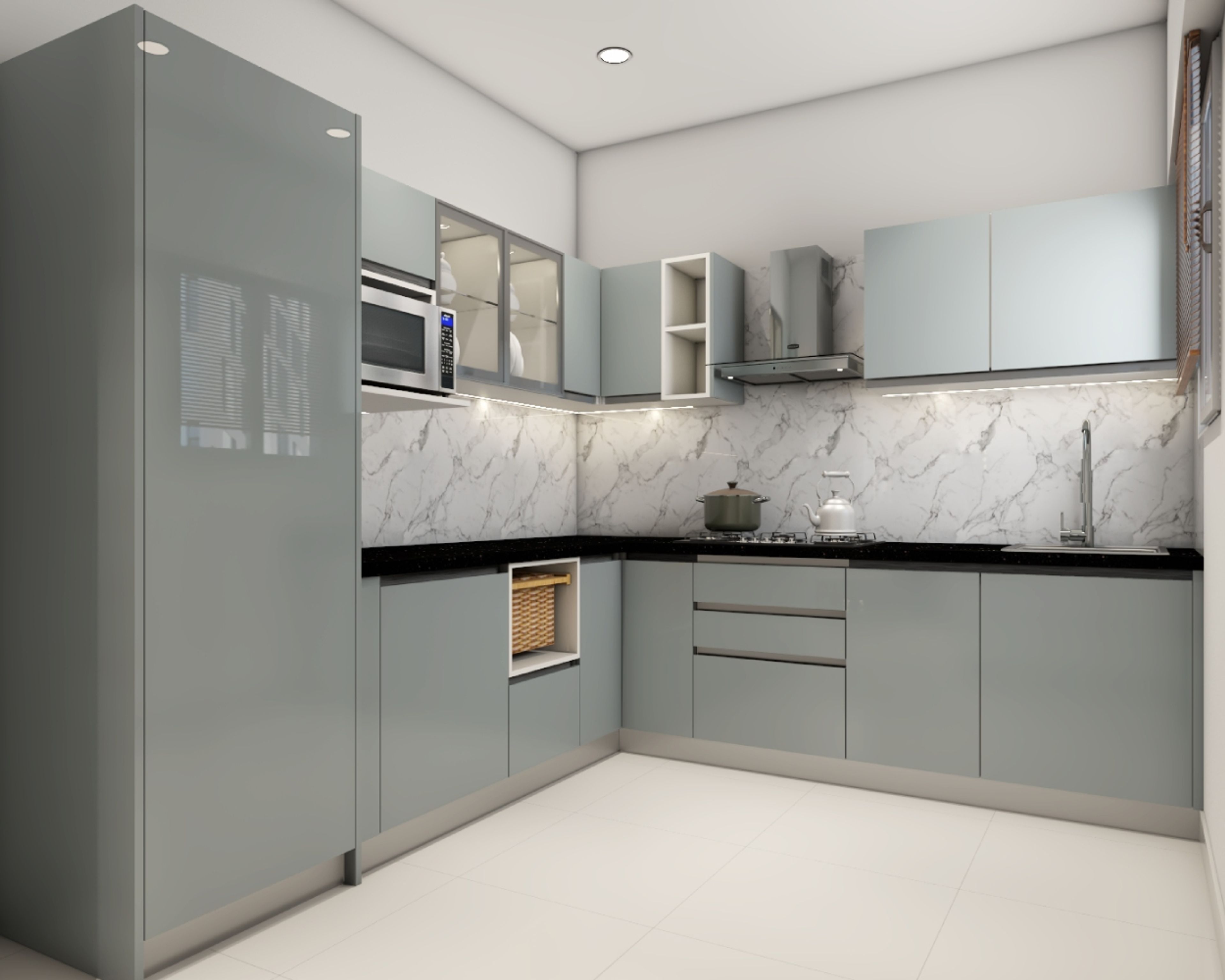 Contemporary Silver L-Shaped Kitchen Design with Quartz Countertop