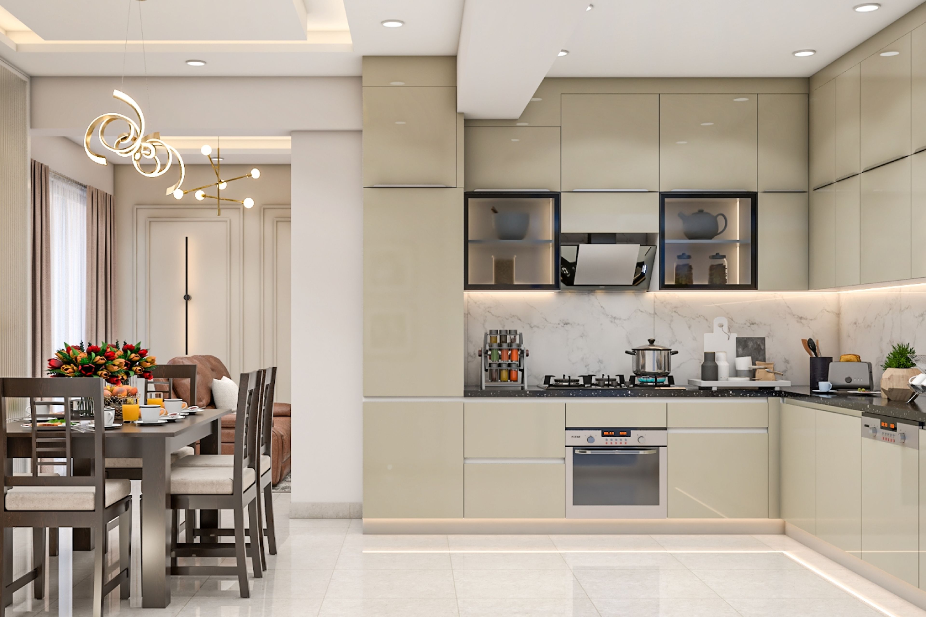 Modern Open Kitchen Design with Champagne Units and Granite Countertop