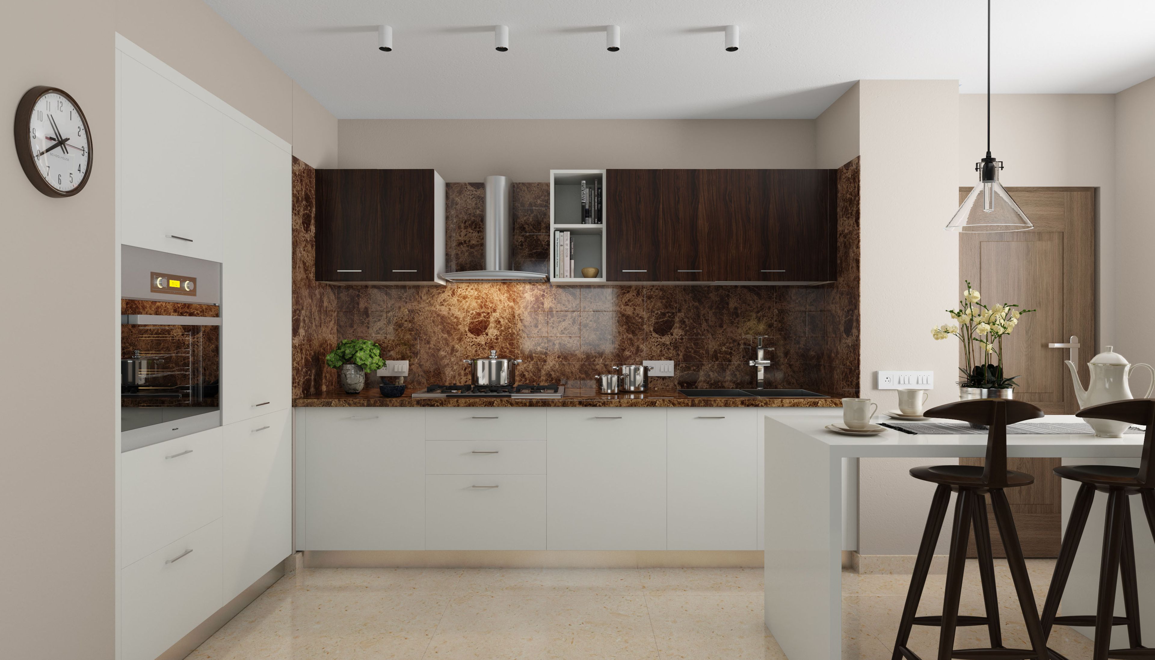 Modern L-Shaped Kitchen Design with White Units and Marble Countertop