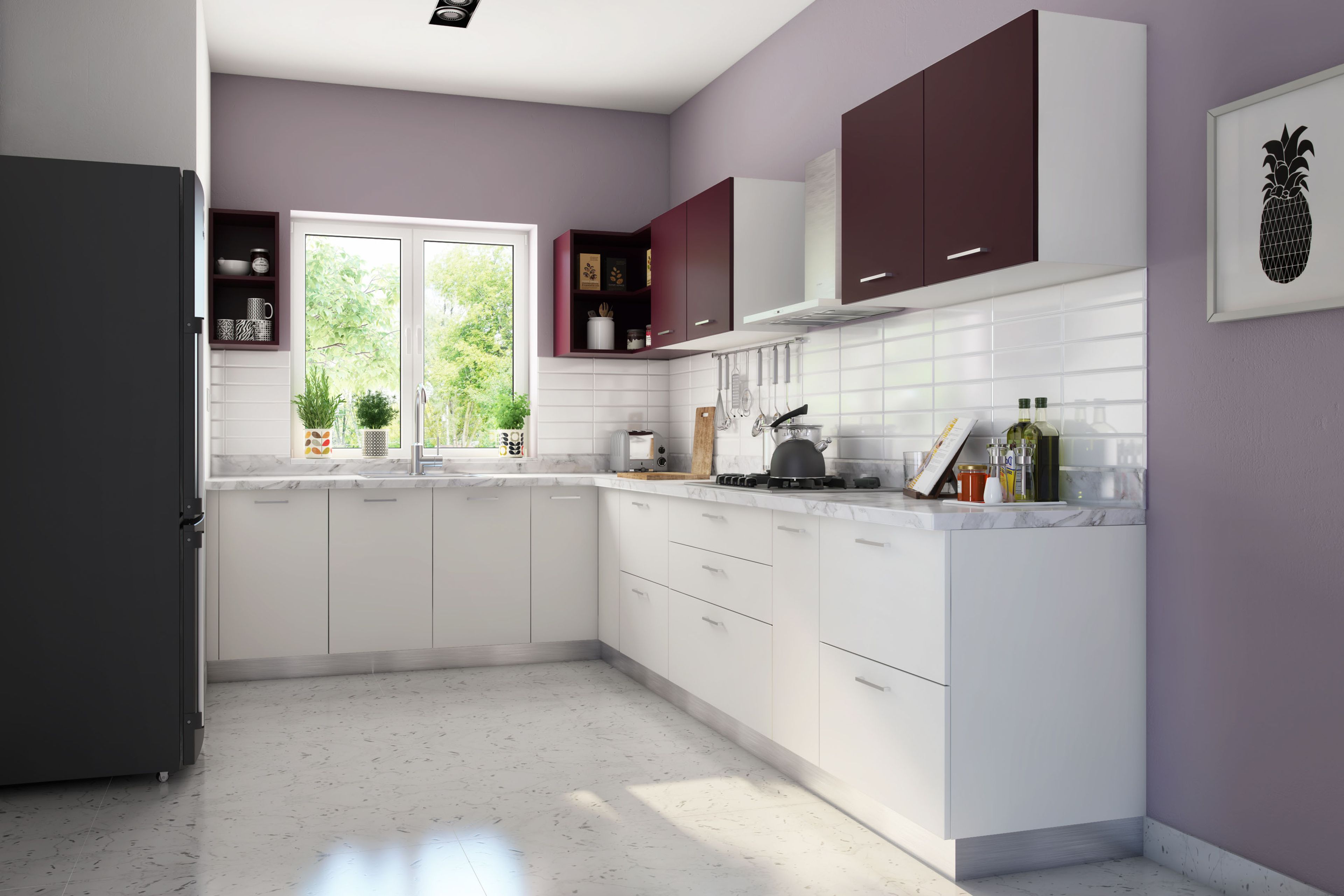 U-Shaped Kitchen Design with White Cabinets