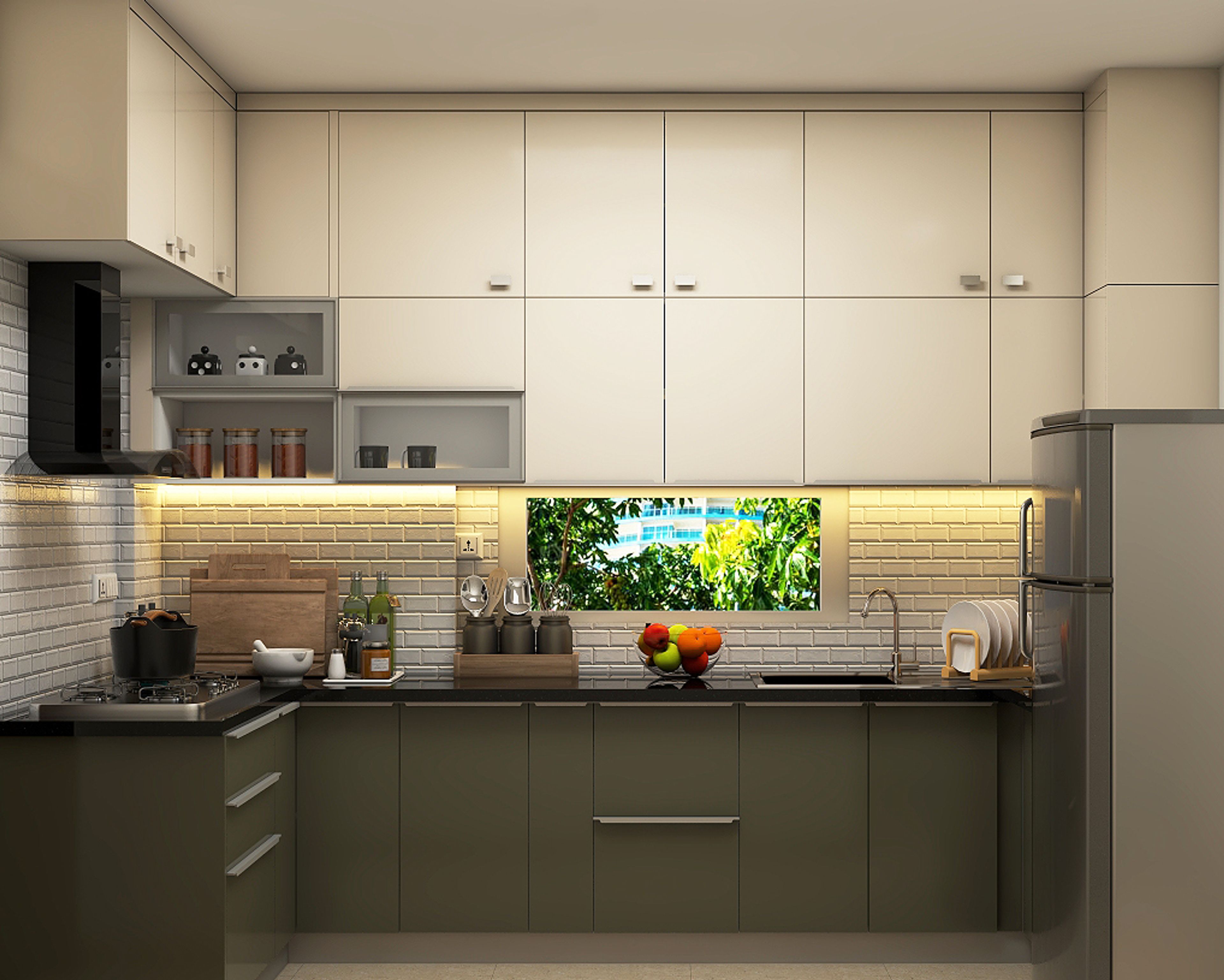 Green and Cream Modern L-Shaped Kitchen Design