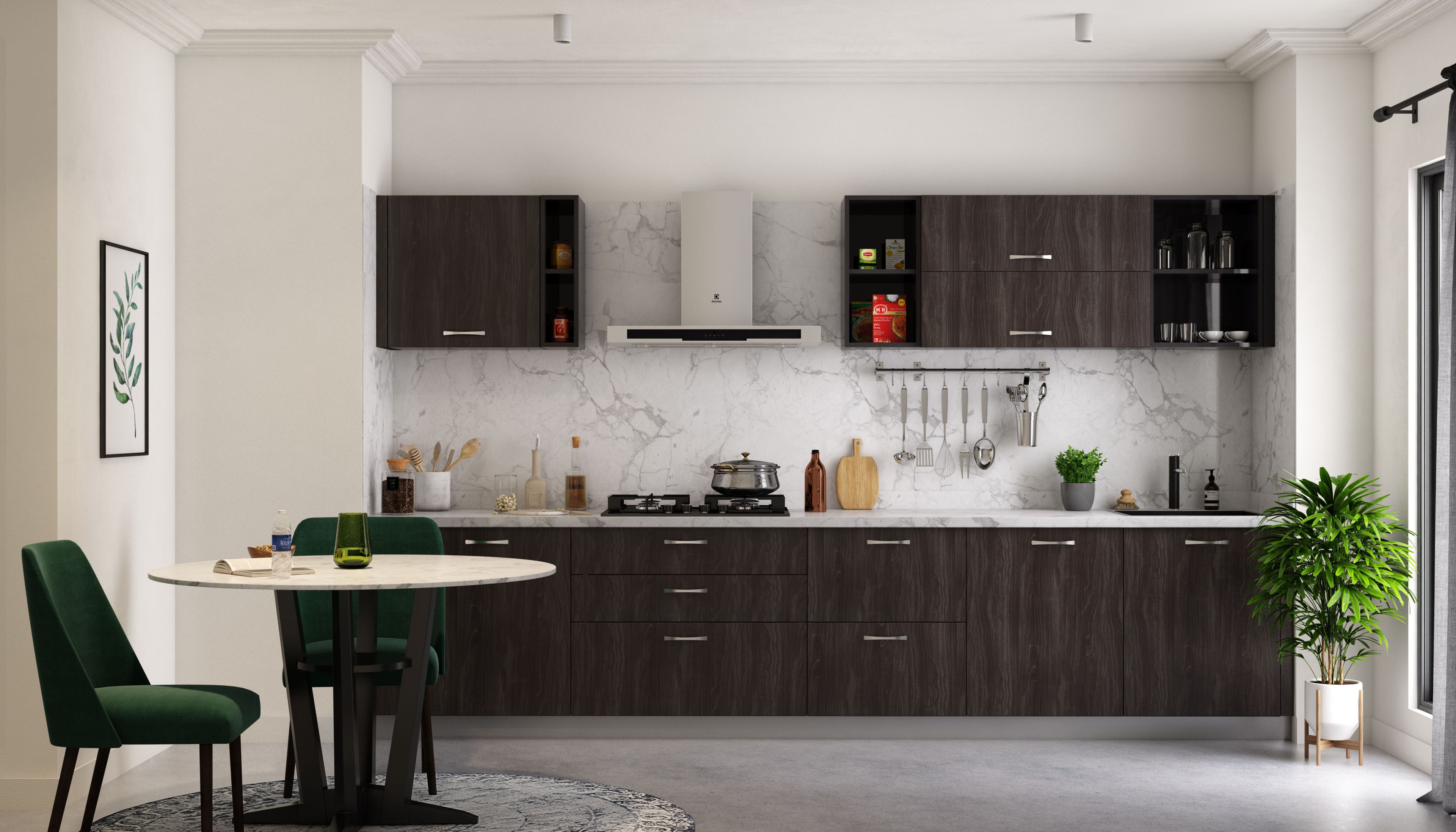 Straight Kitchen Design with Marble Countertop