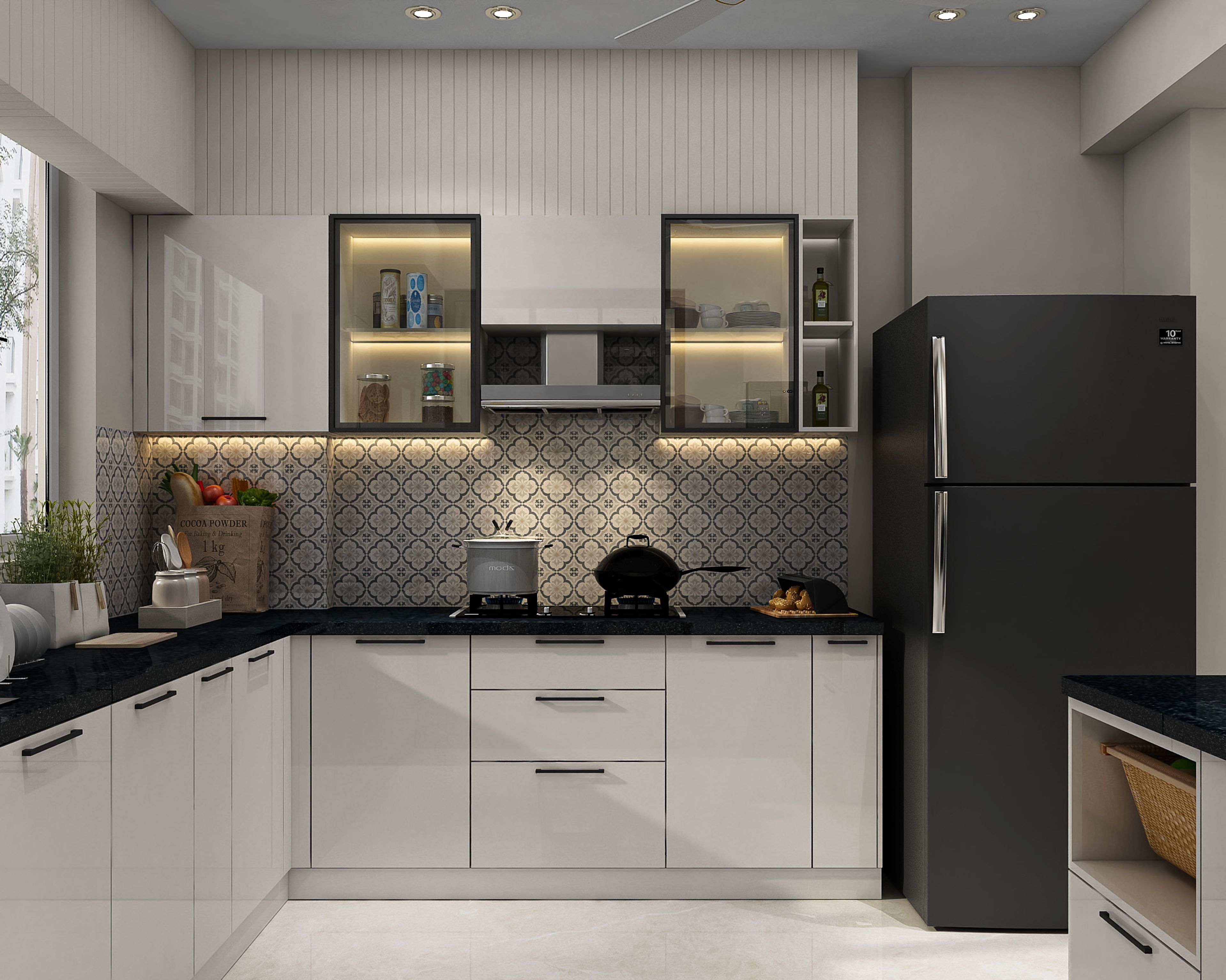 Smoke Grey Modern L-Shaped Kitchen Design with Quartz Countertop
