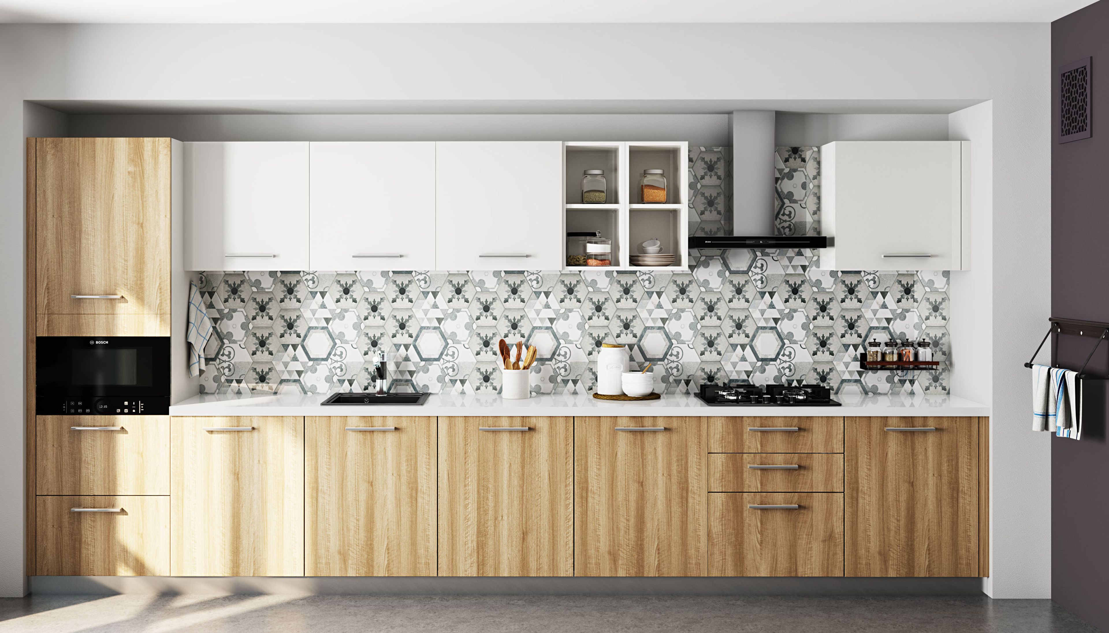 Straight Kitchen Design with Patterned Backsplash