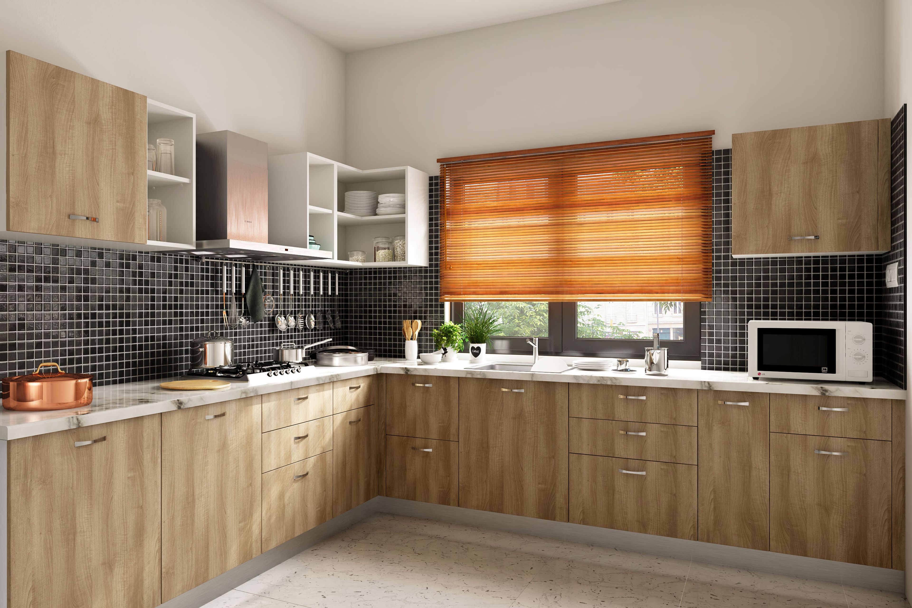 Modern L-Shaped Kitchen Design with Work Triangle and Quartz Countertop