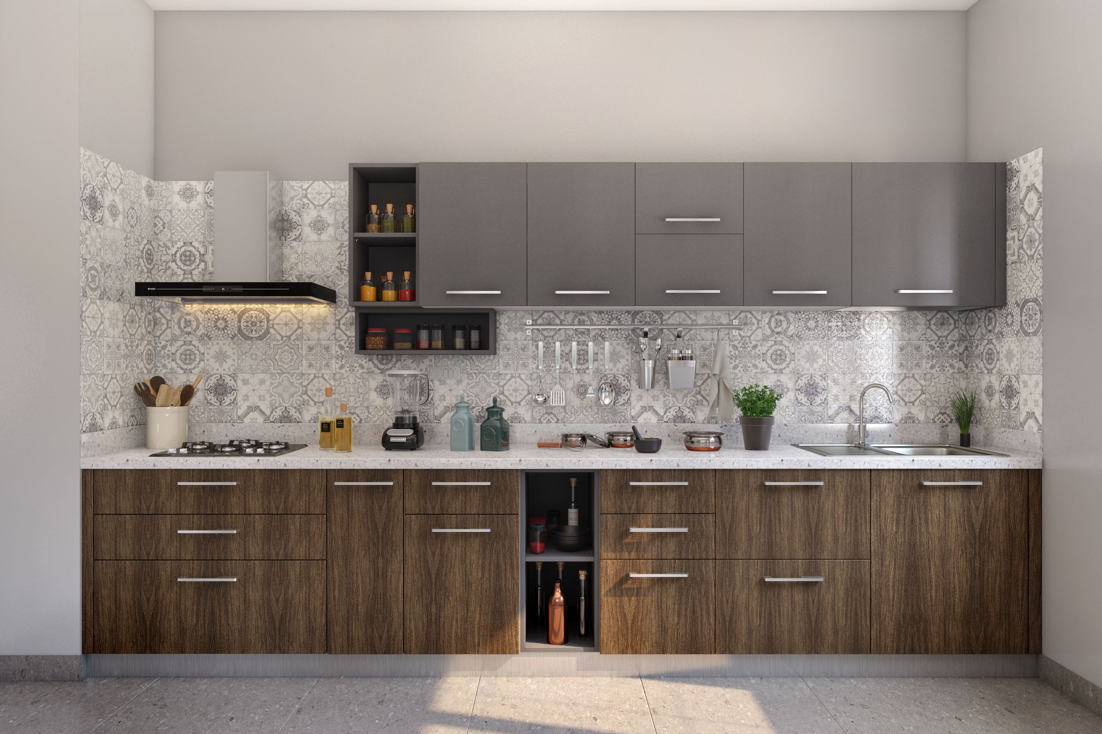 Minimal Straight Kitchen Design with Walnut and Grey Units