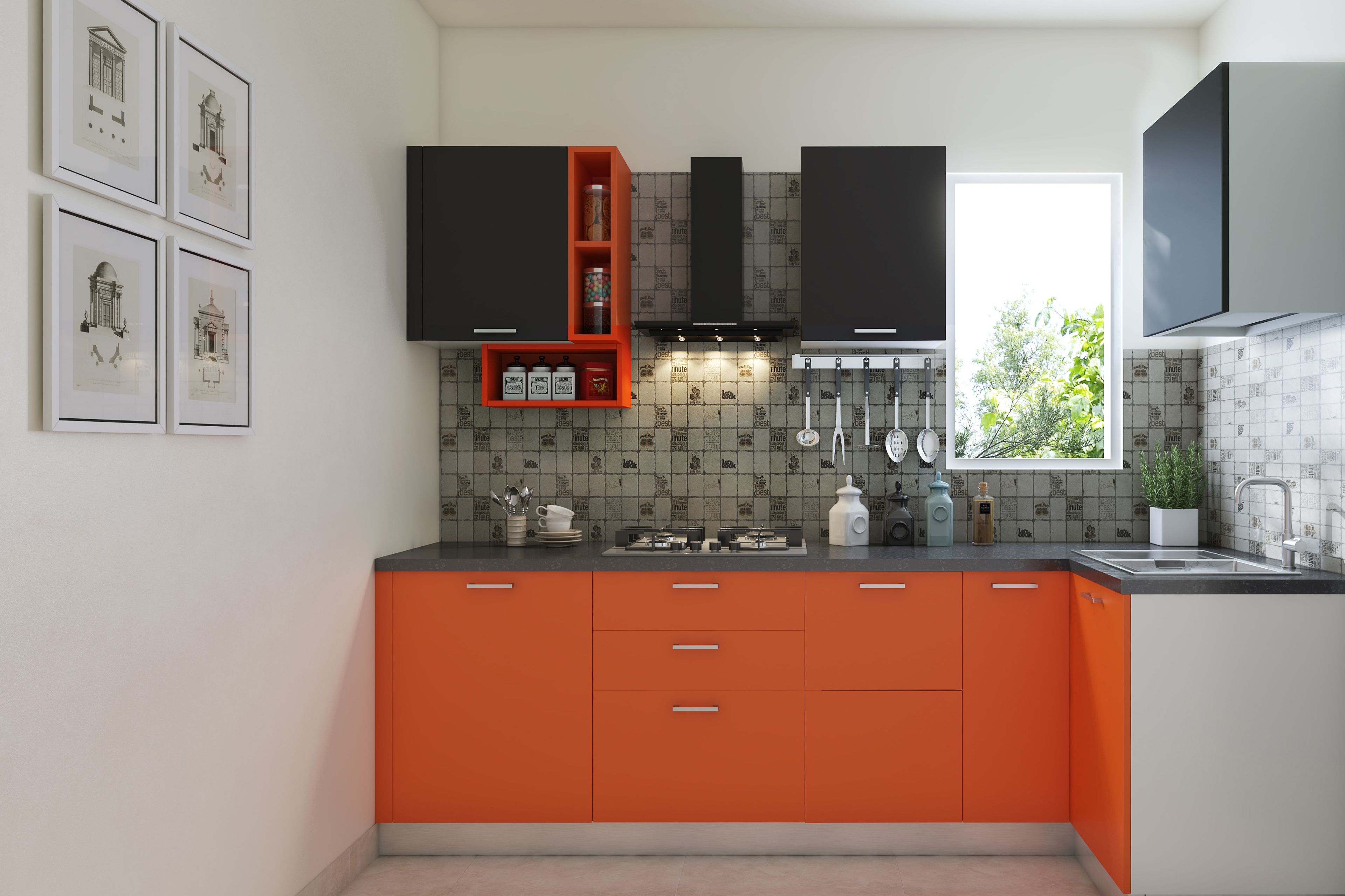 Modern L-Shaped Kitchen Design with Grey Backsplash