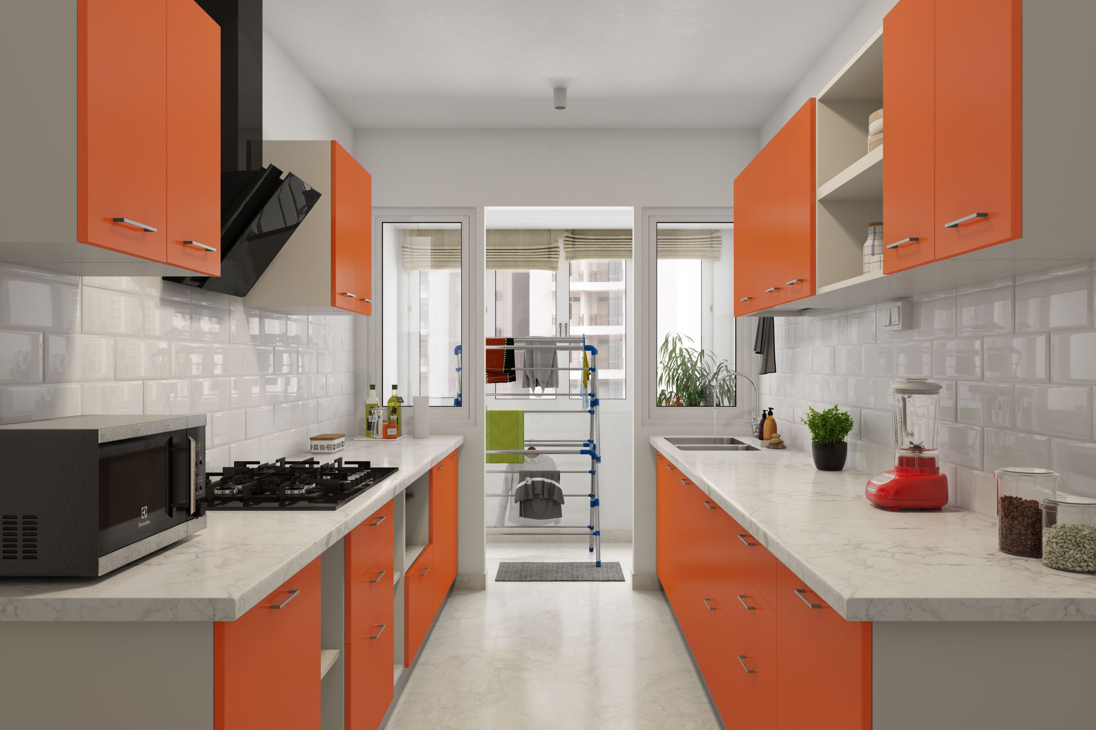Contemporary Parallel Kitchen Design with Orange Units