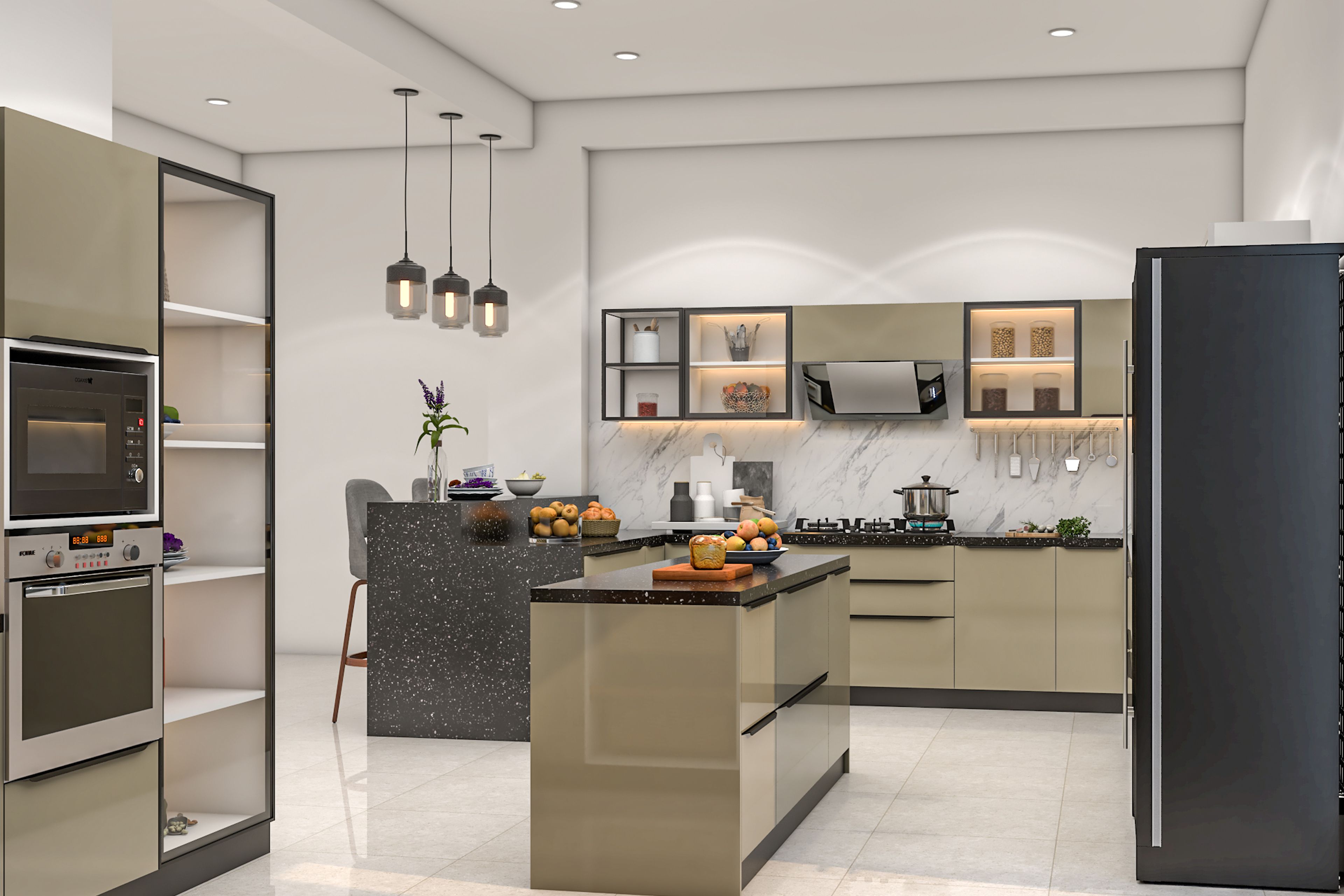 Contemporary Open Kitchen Design with Granite Countertop