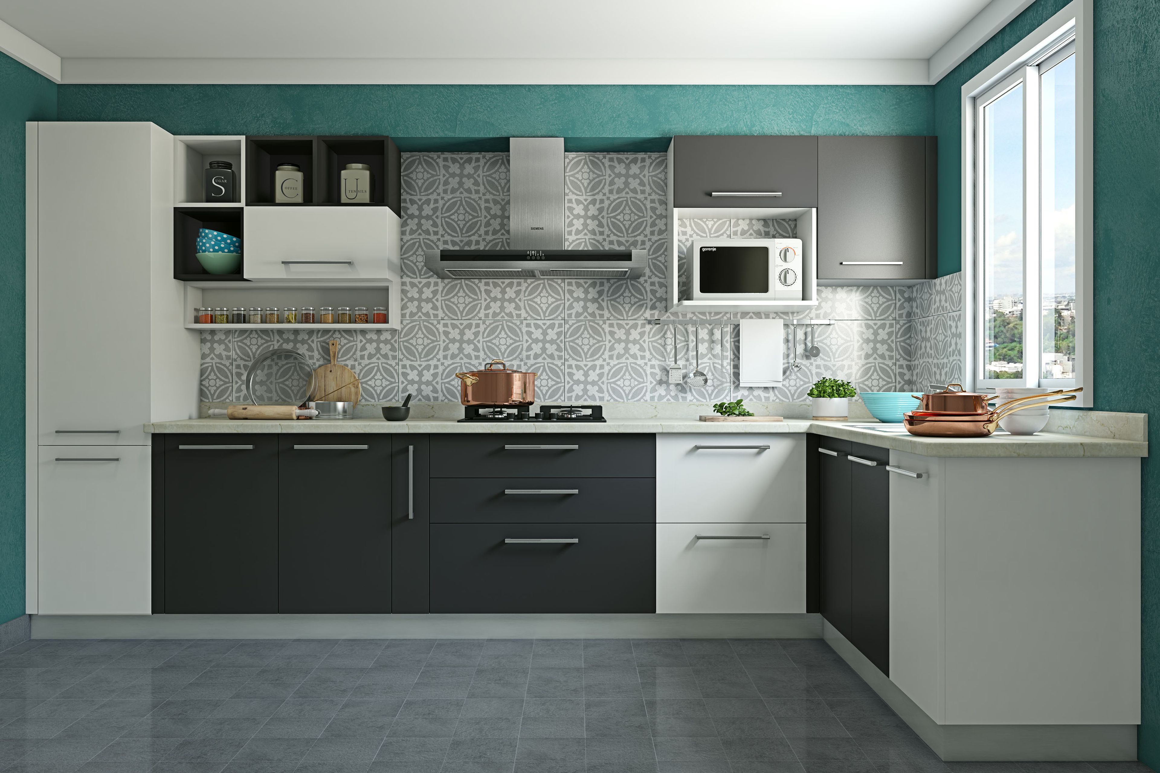 Modern L-Shaped Kitchen Design with White and Grey Units