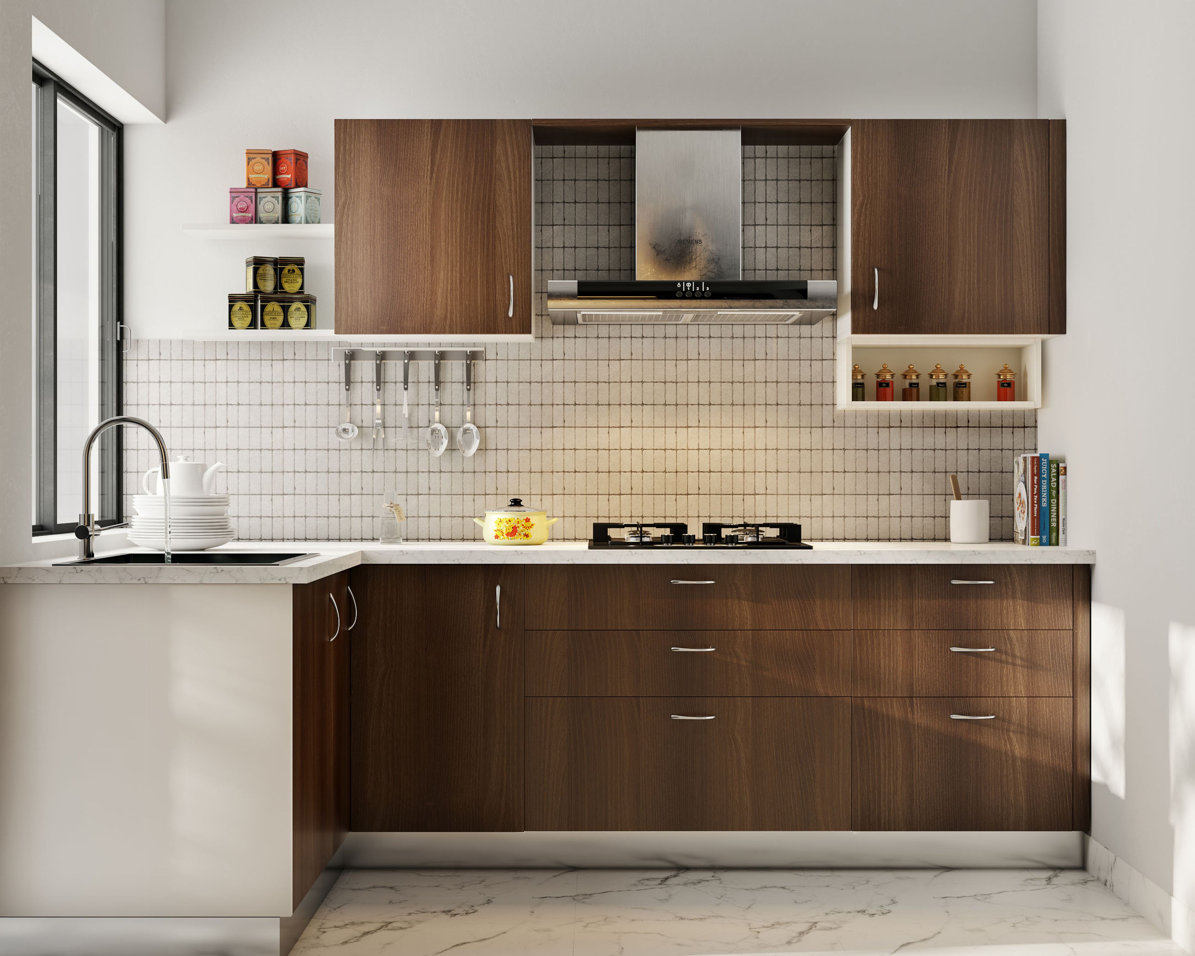 Walnut Bronze Modern L-Shaped Kitchen Design with Quartz Countertop