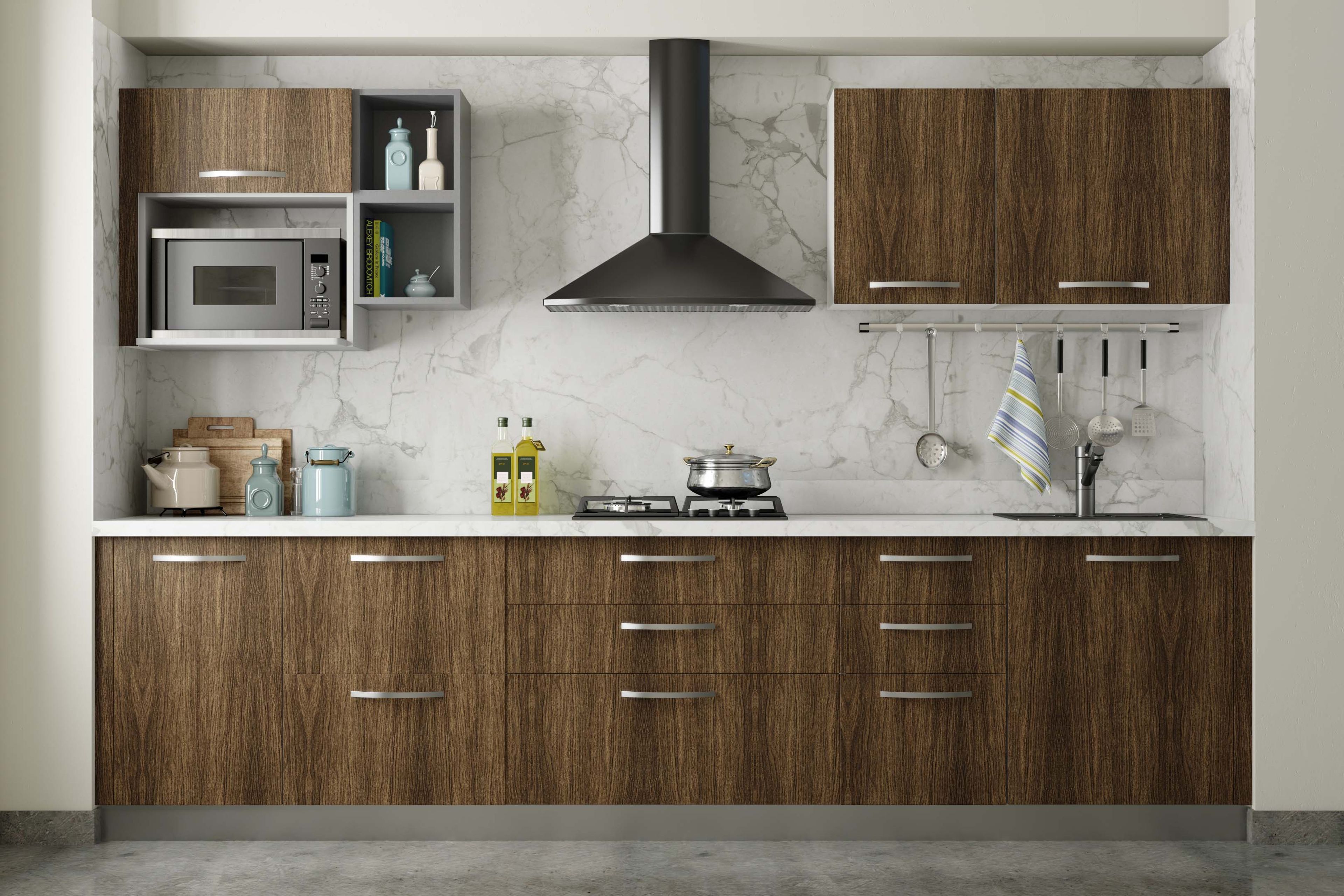 Contemporary Straight Kitchen Design with Marble Countertop