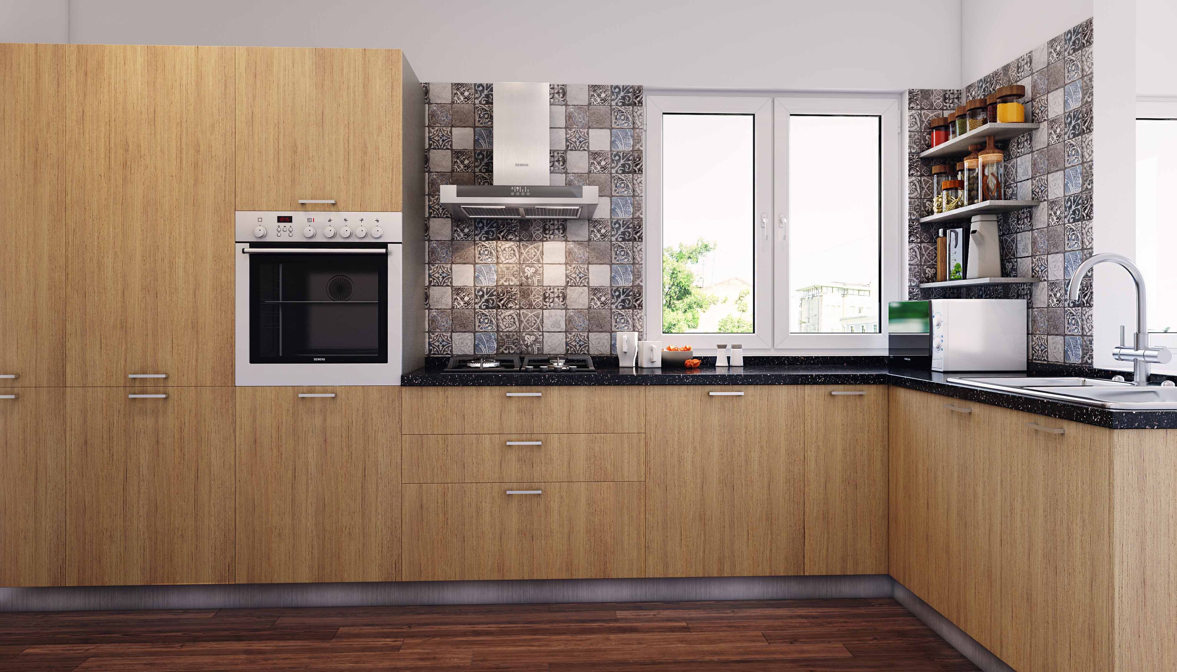 Modern Walnut L-Shaped Kitchen Design with Granite Countertop