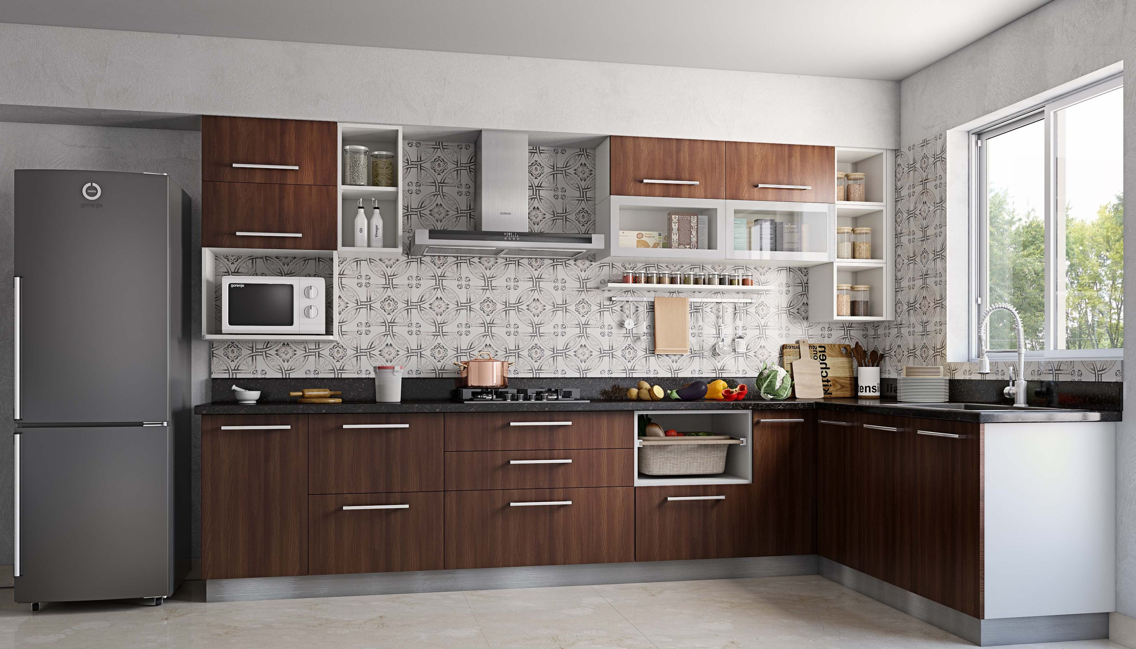 Modern L-Shaped Kitchen Design with Granite Countertop