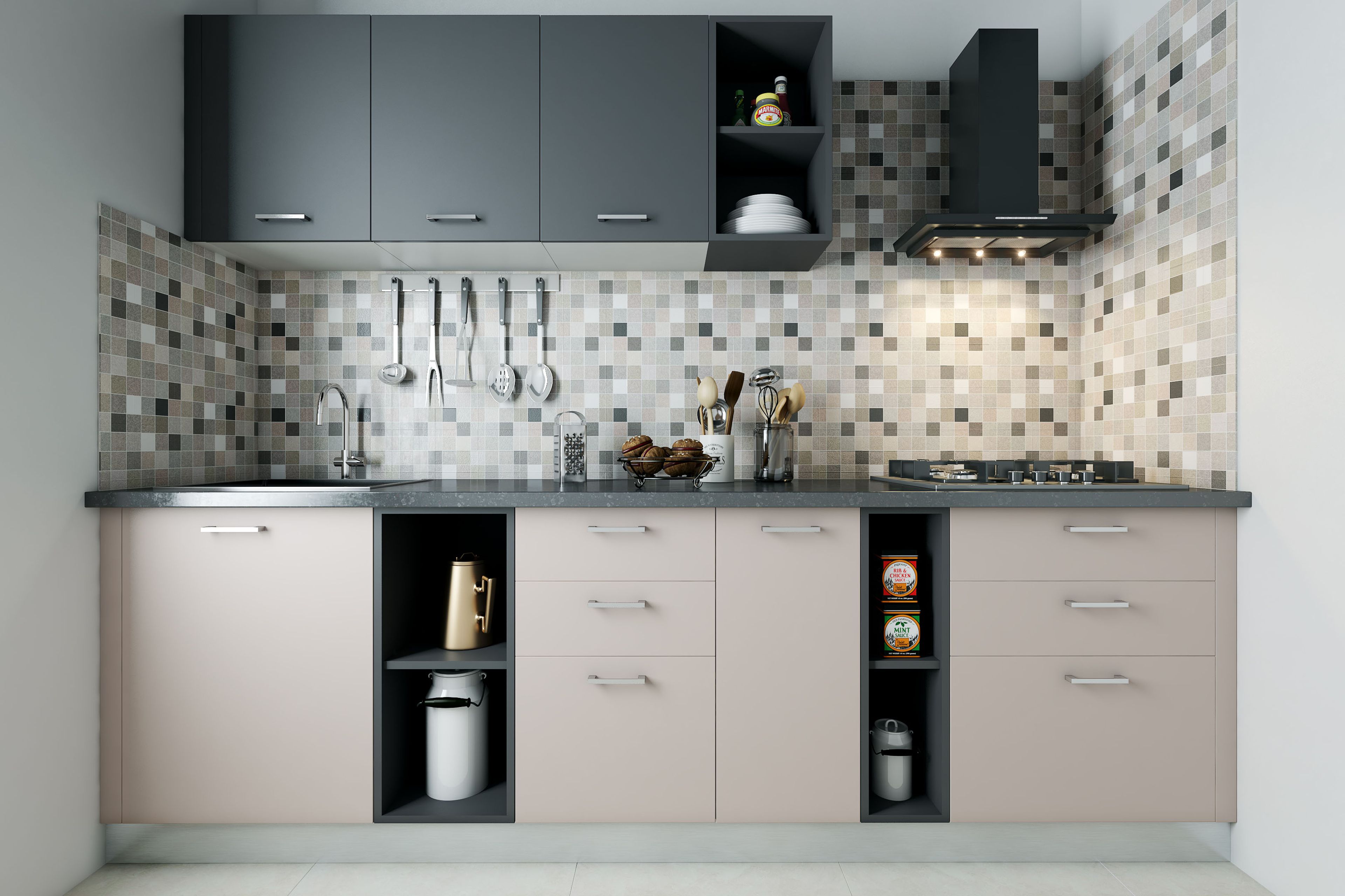 Contemporary Straight Kitchen Design with Multicoloured Mosaic Tile Accent