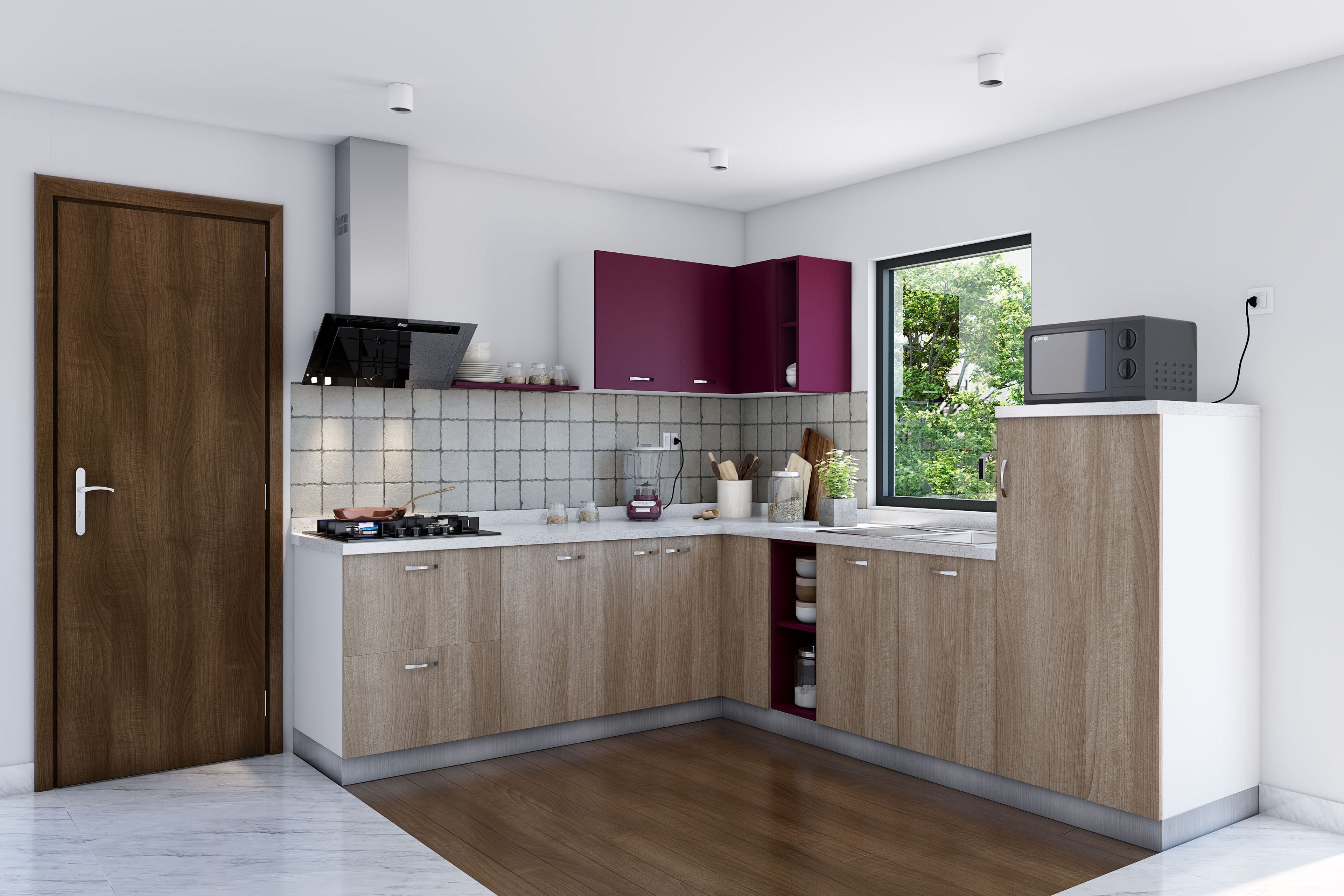 Walnut and Ruby L-Shaped Kitchen Design