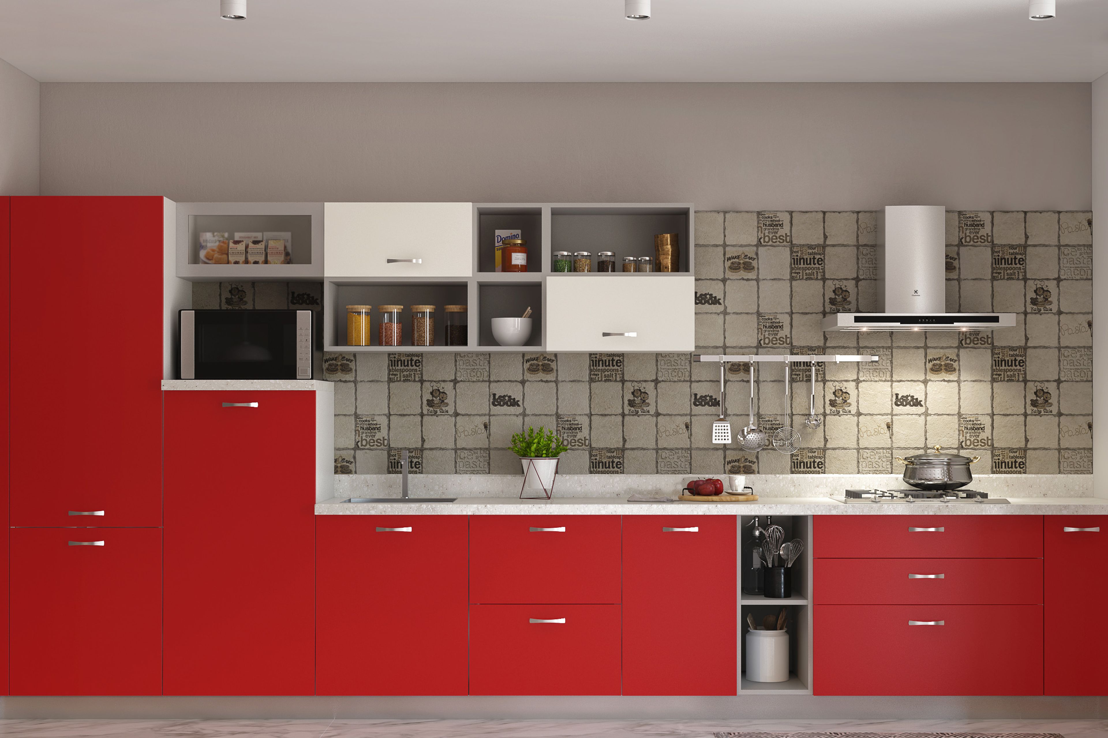 Modern Open Kitchen Design with Red Units and Champagne Wall Cabinets