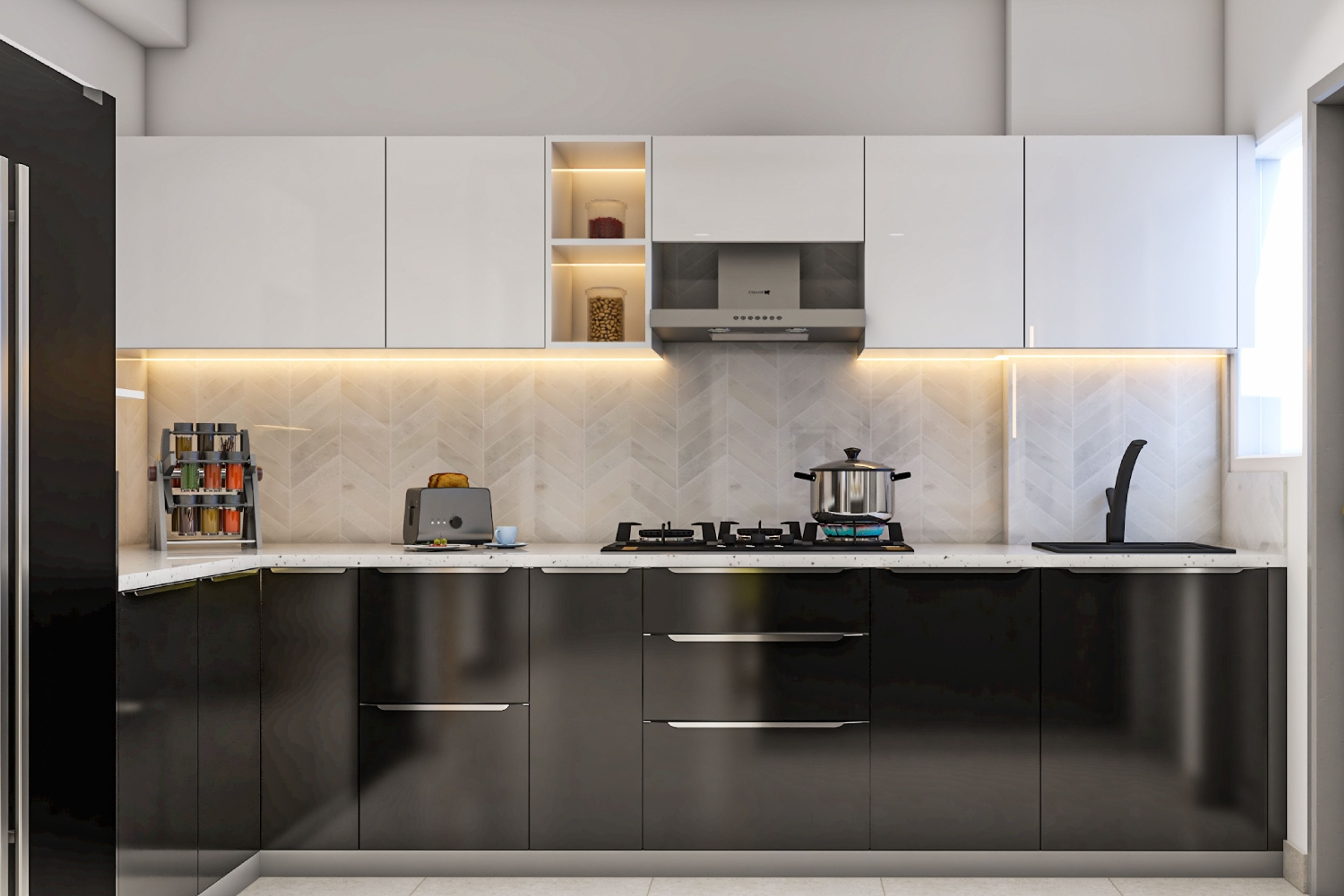 L-Shaped Modern Kitchen Design with Black and White High Gloss Units