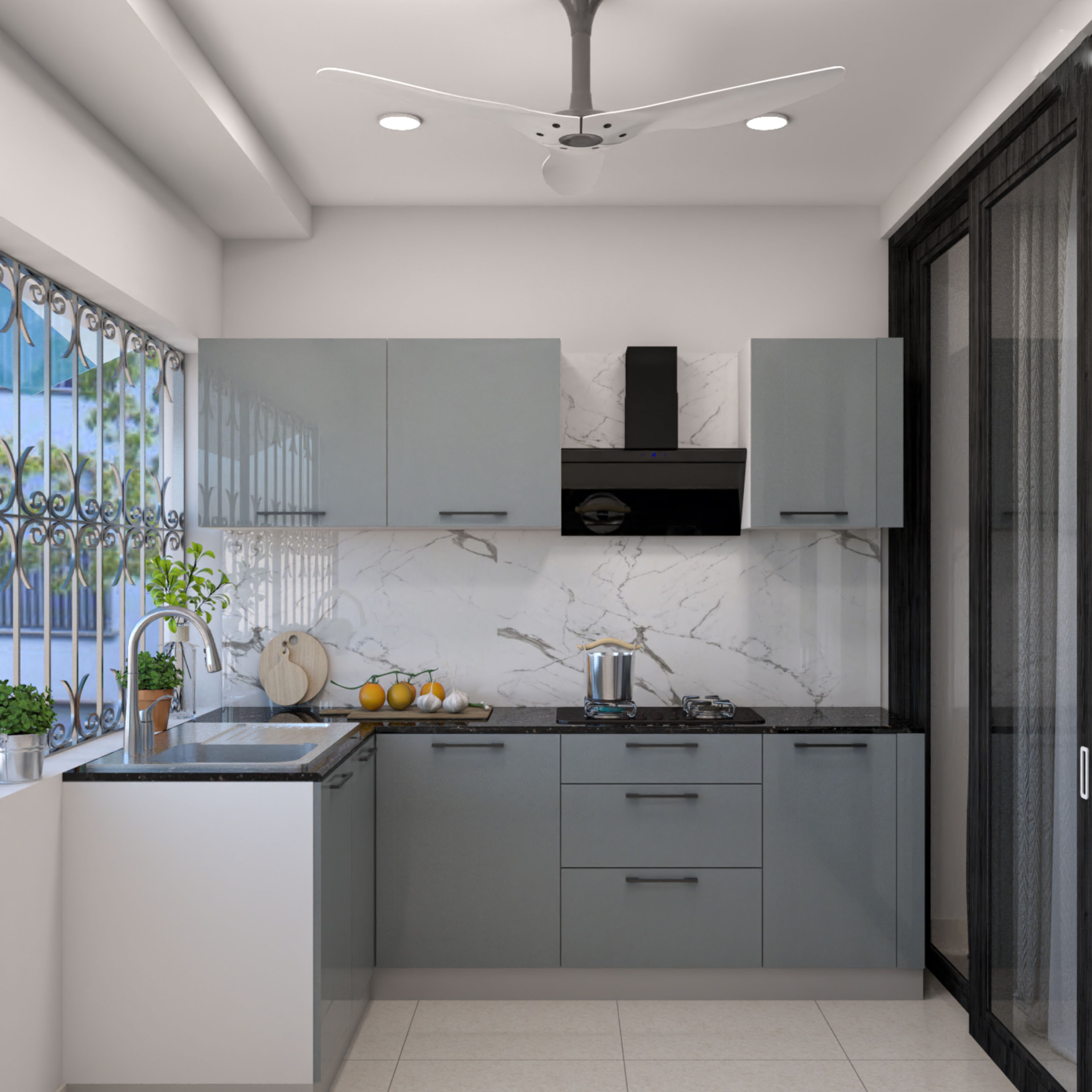 Modern L-Shaped Kitchen Design with Silver Units and Granite Countertop