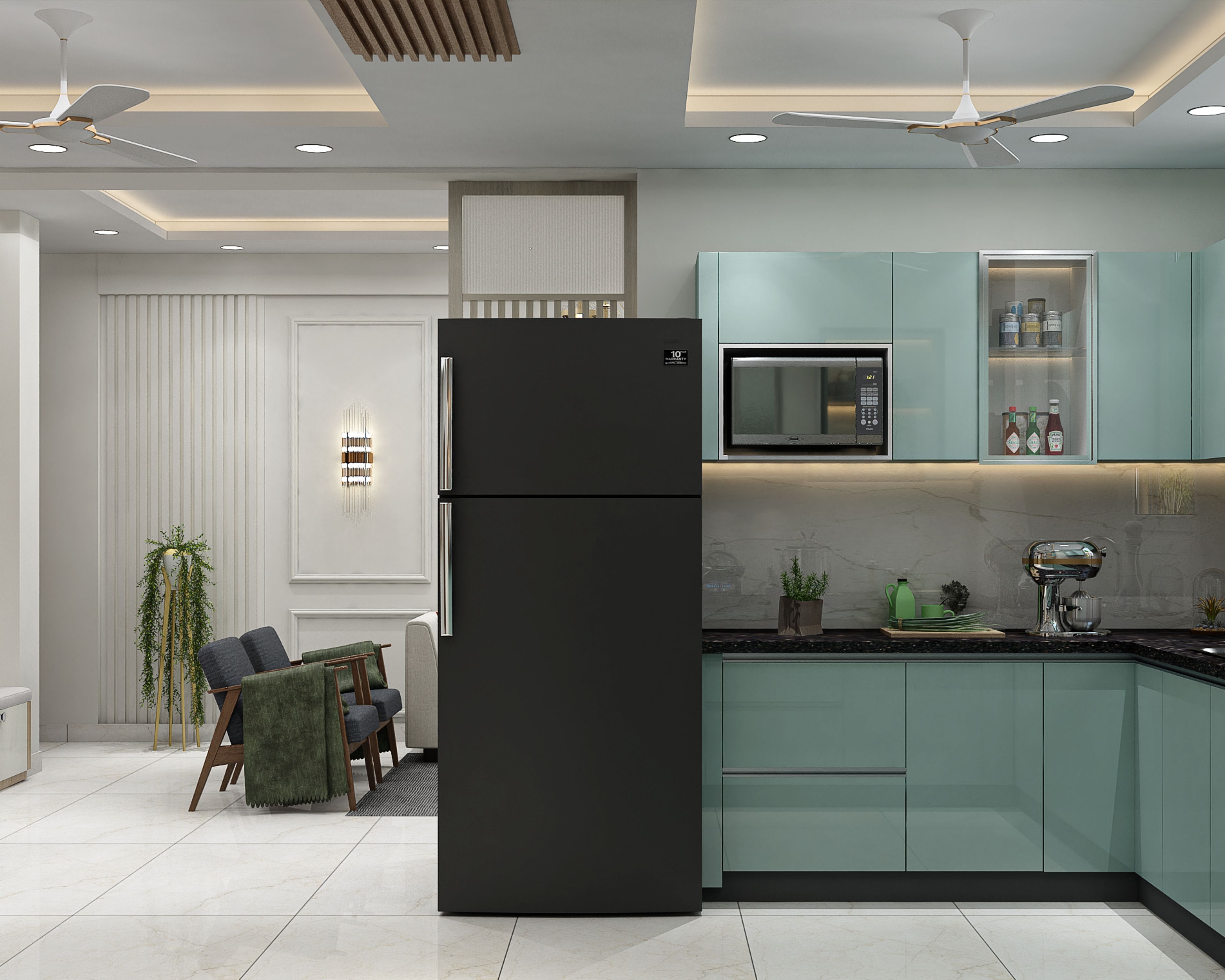 U-Shaped Kitchen Design with Aqua Green Units