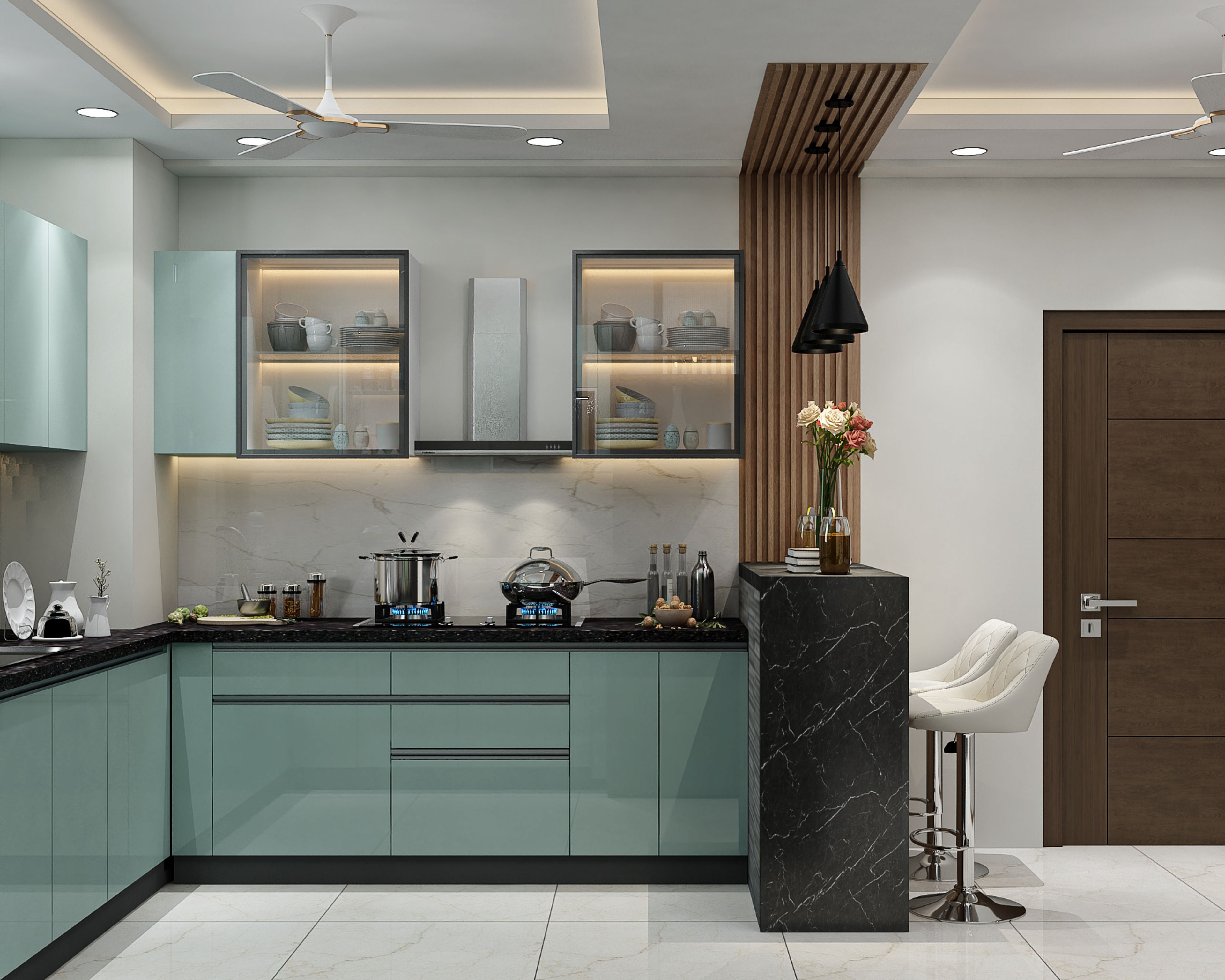 Contemporary U-Shaped Kitchen Design with Aqua Green Units