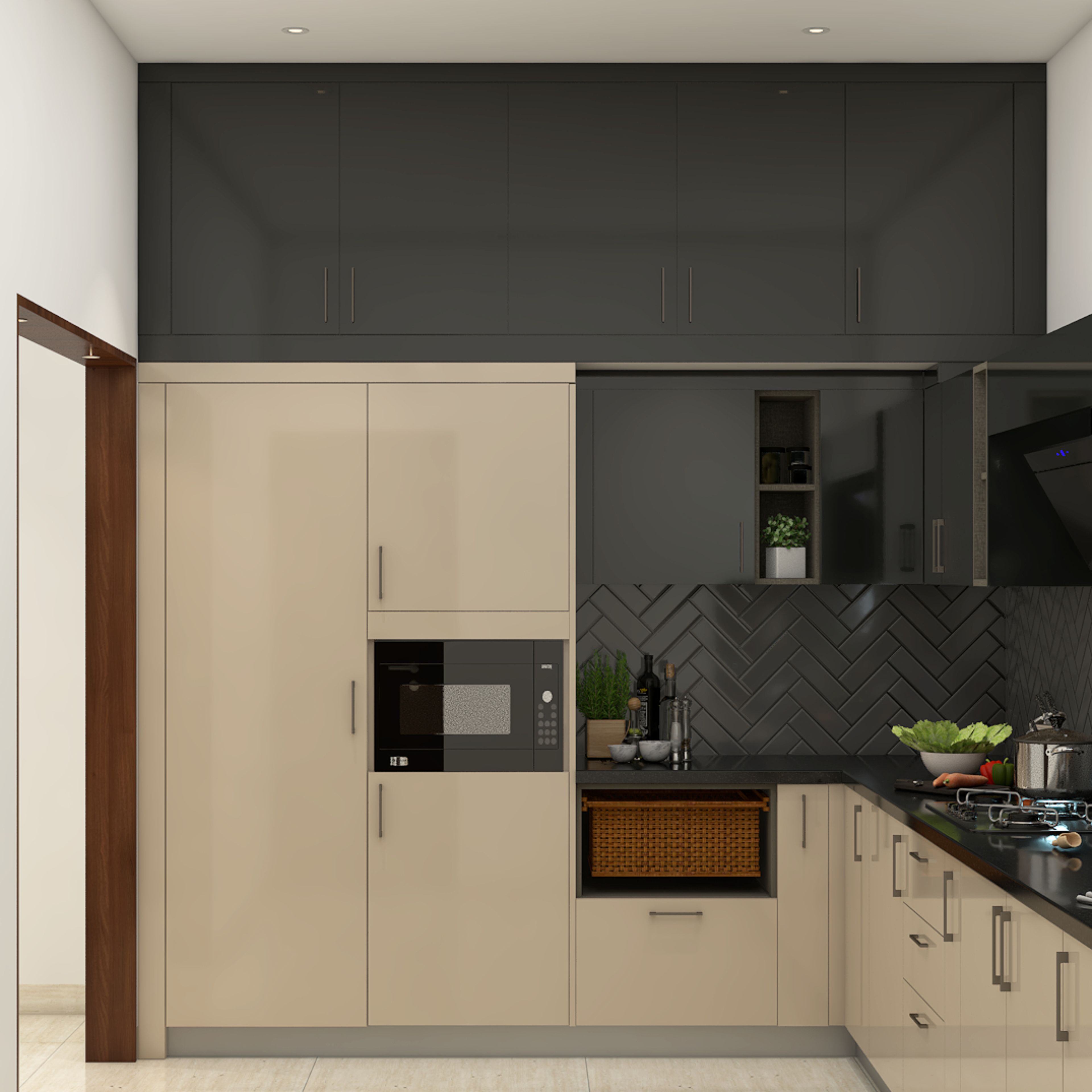 L-Shaped Kitchen Design with Cream and Black Units