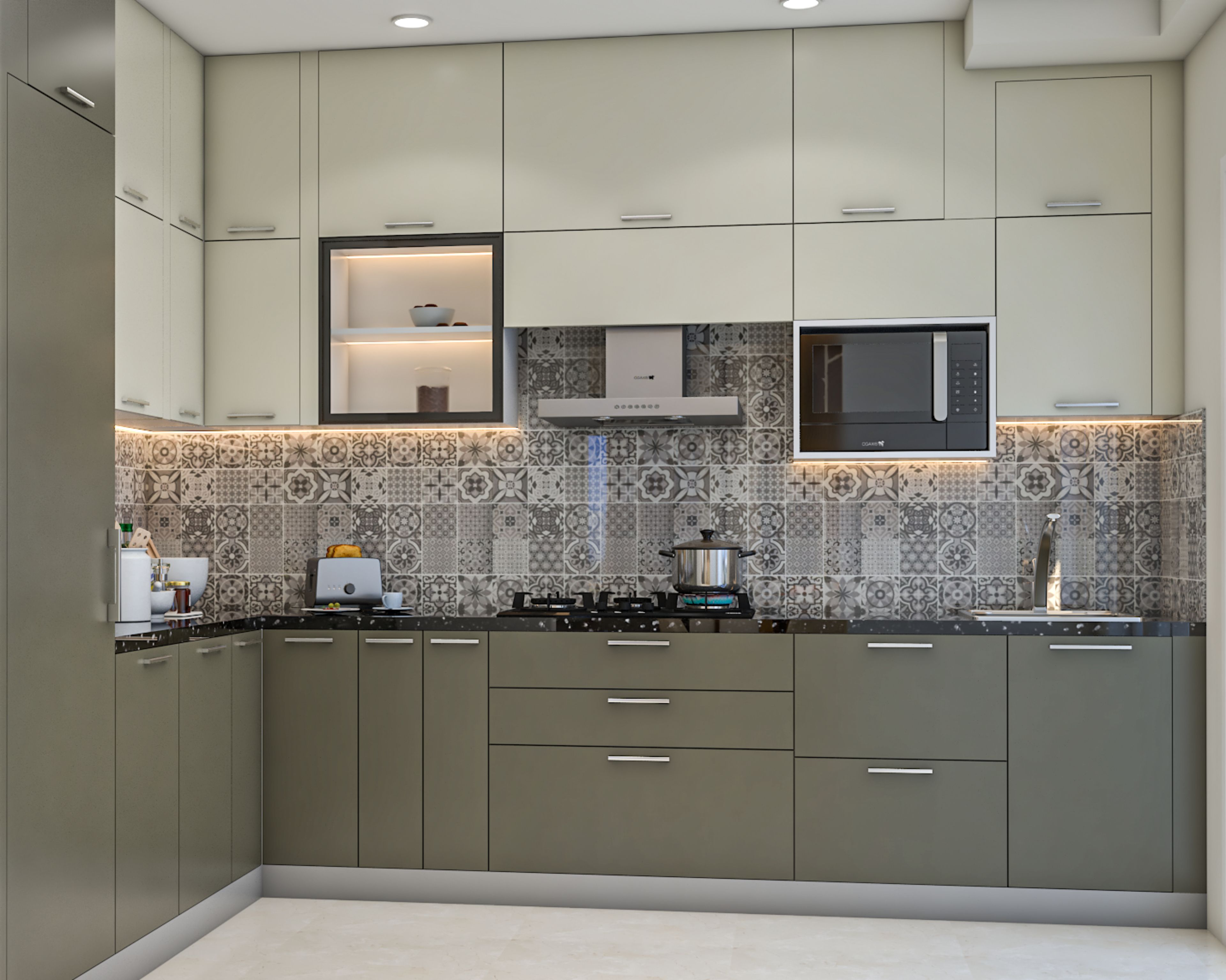 Modern L-Shaped Kitchen Design with Dove Grey and White Cabinets