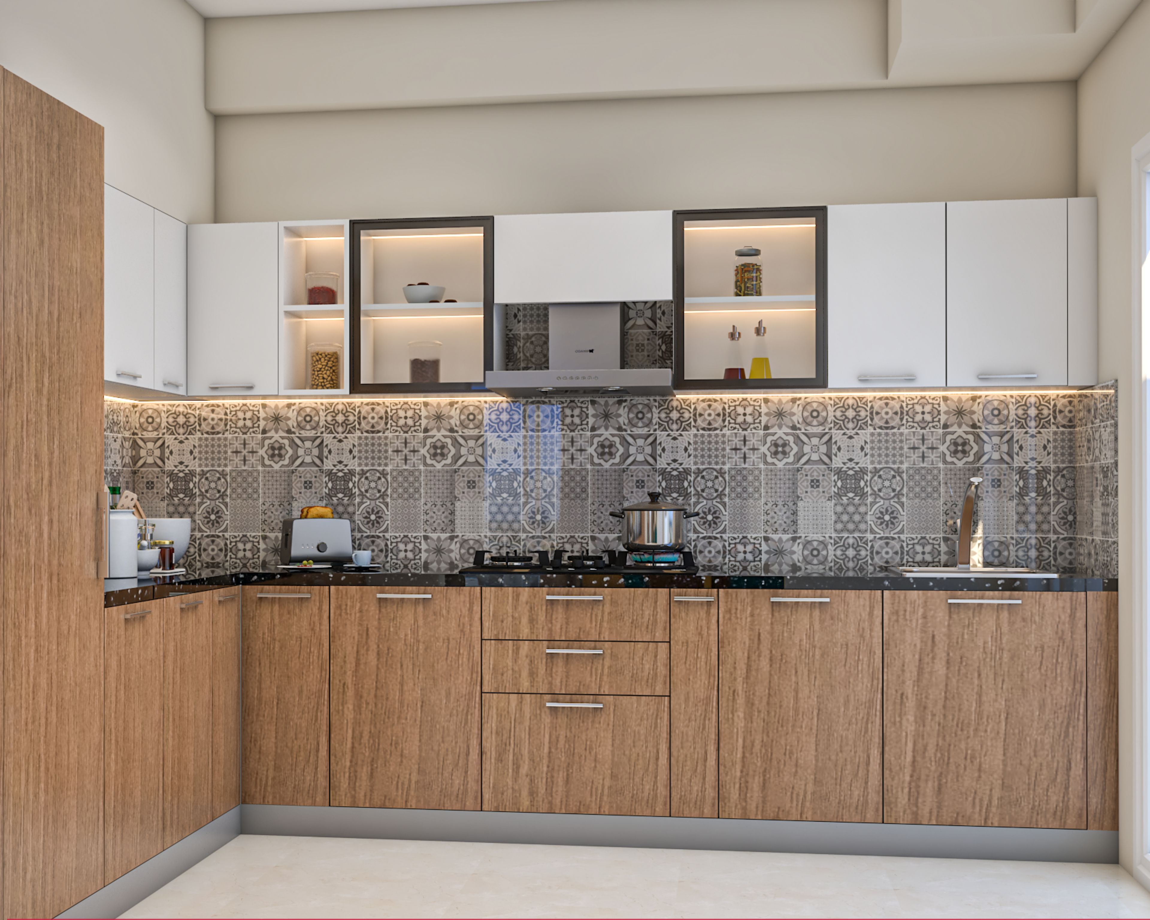 Bronze and White Traditional L-Shaped Kitchen Design in Suede Finish