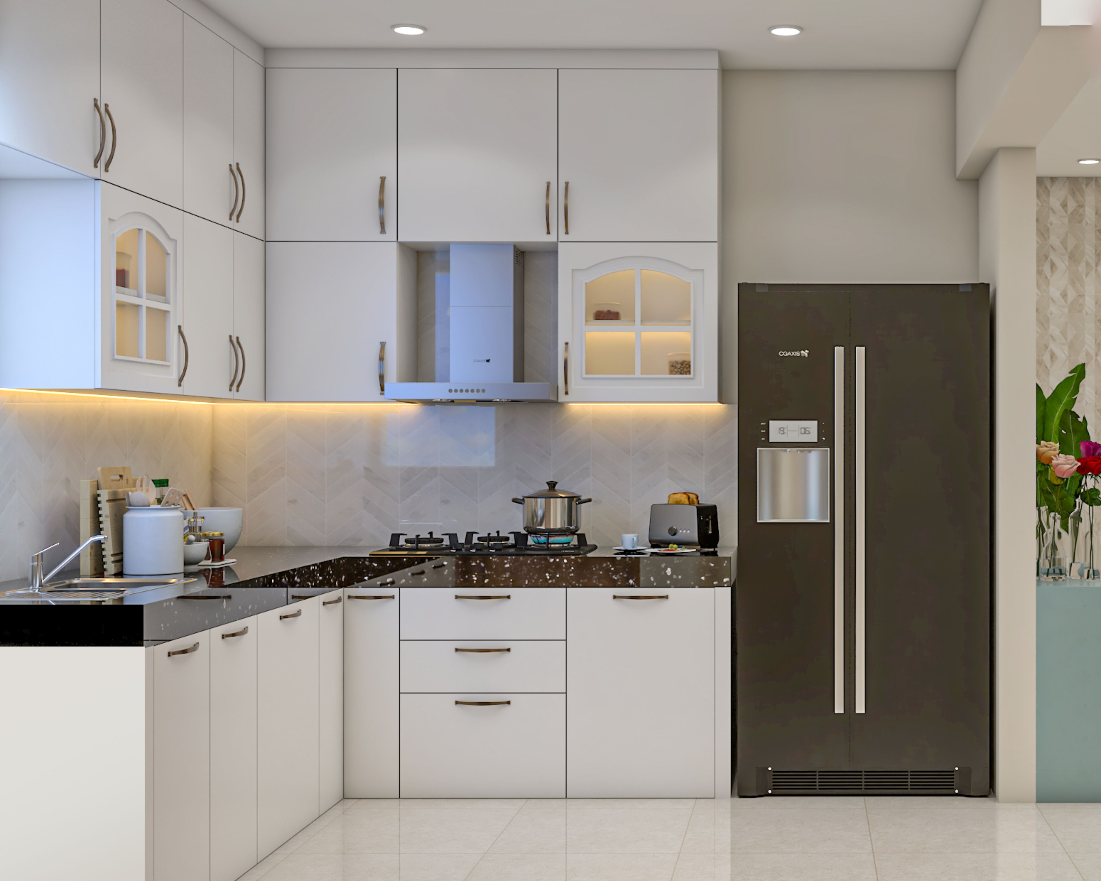 White L-Shaped Kitchen Design with Granite Countertop