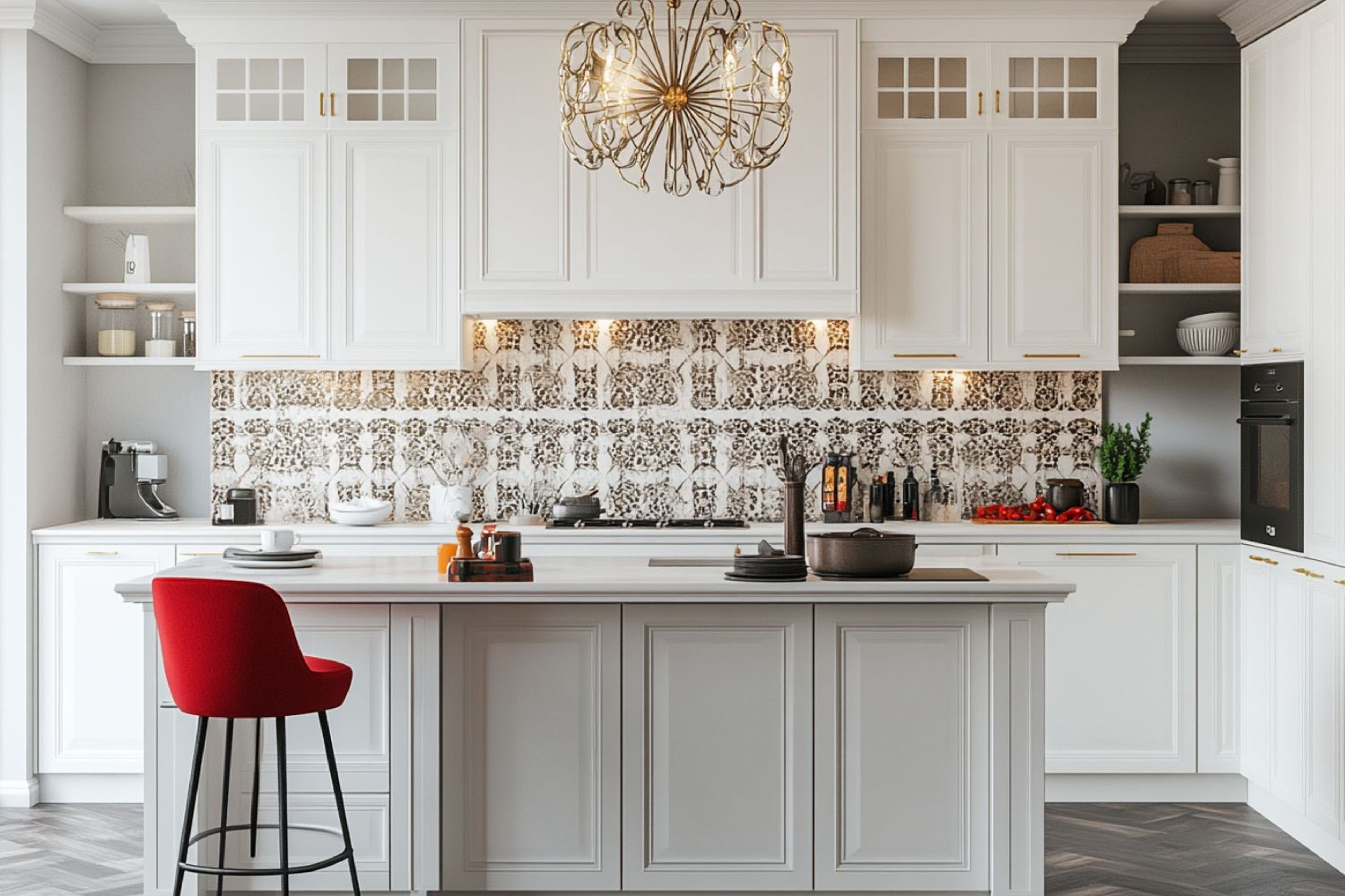 Contemporary Island Kitchen Design with Off-White Cabinets