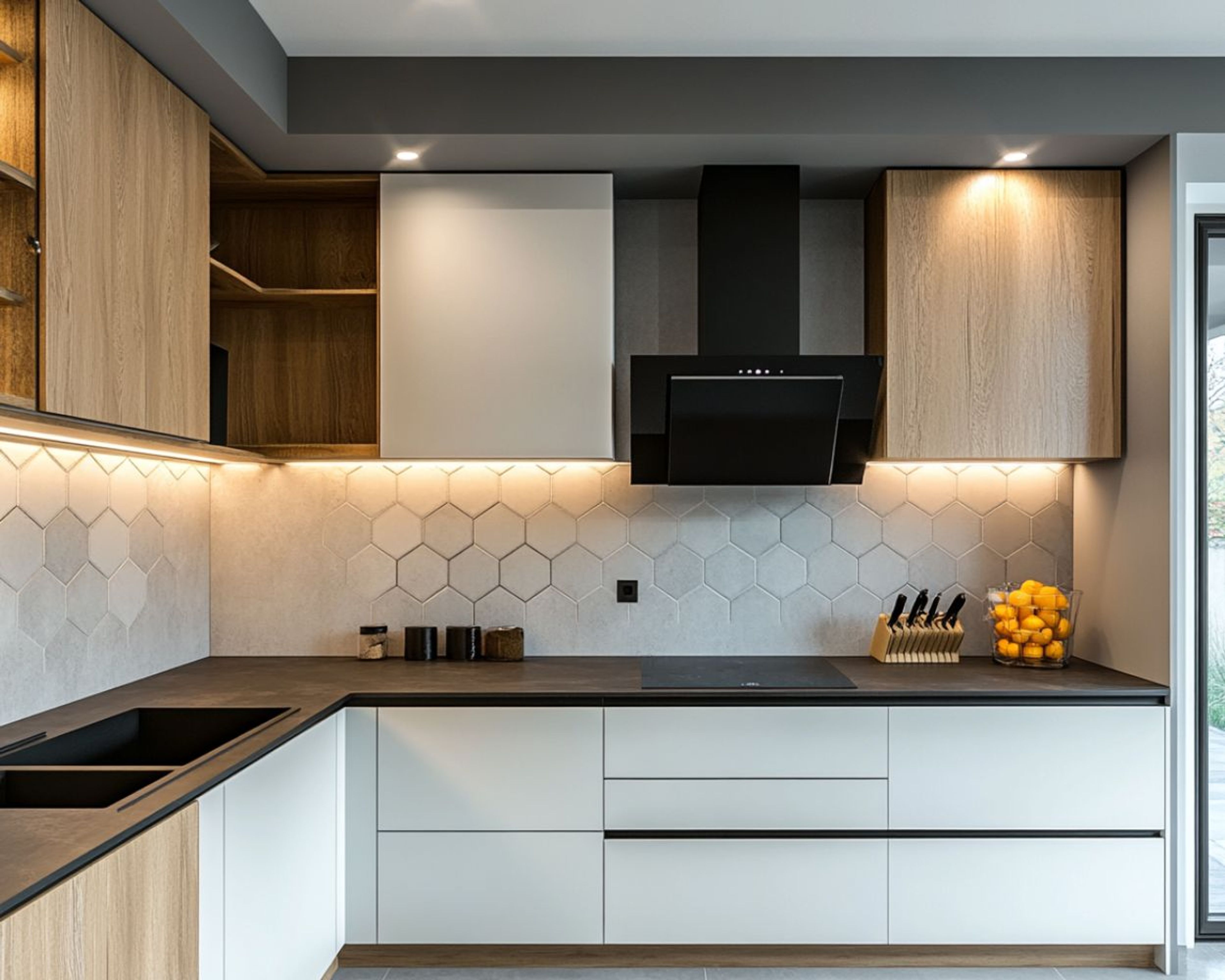 Contemporary L-Shaped Kitchen Design with Hexagonal Backsplash