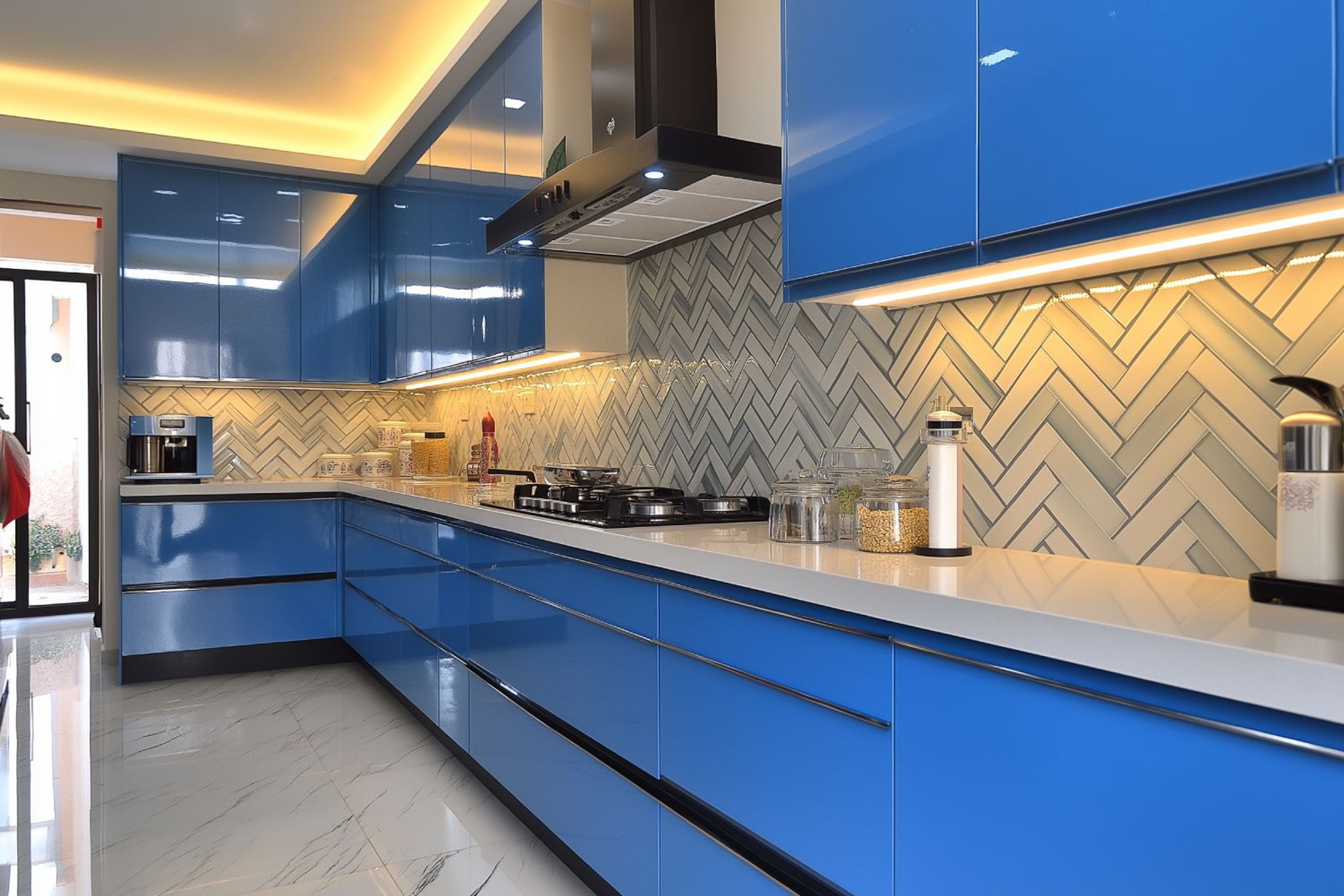Contemporary L-Shaped Kitchen Design with Bold Blue Cabinets