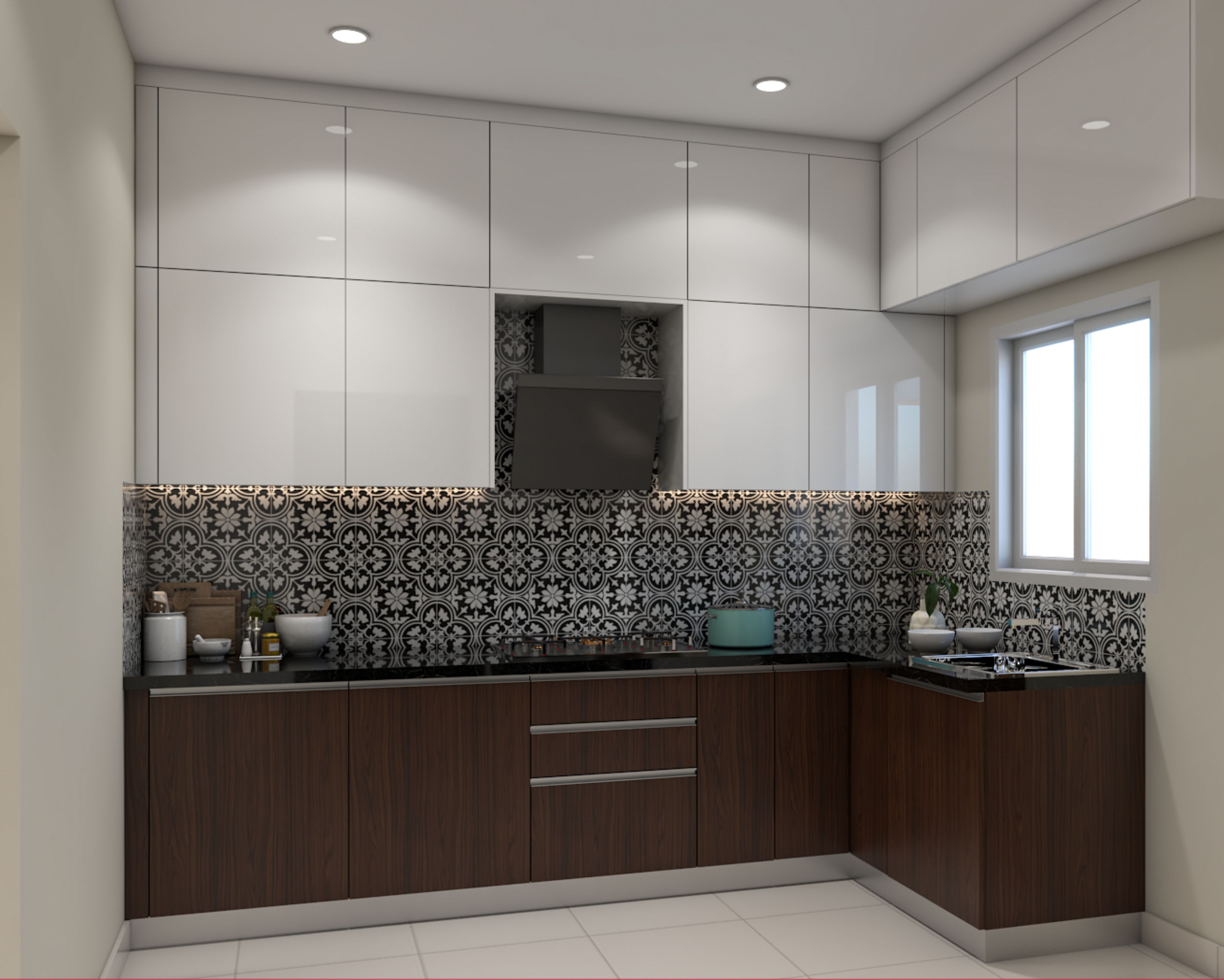Contemporary L-Shaped Kitchen Design with Backsplash and Profile Lights