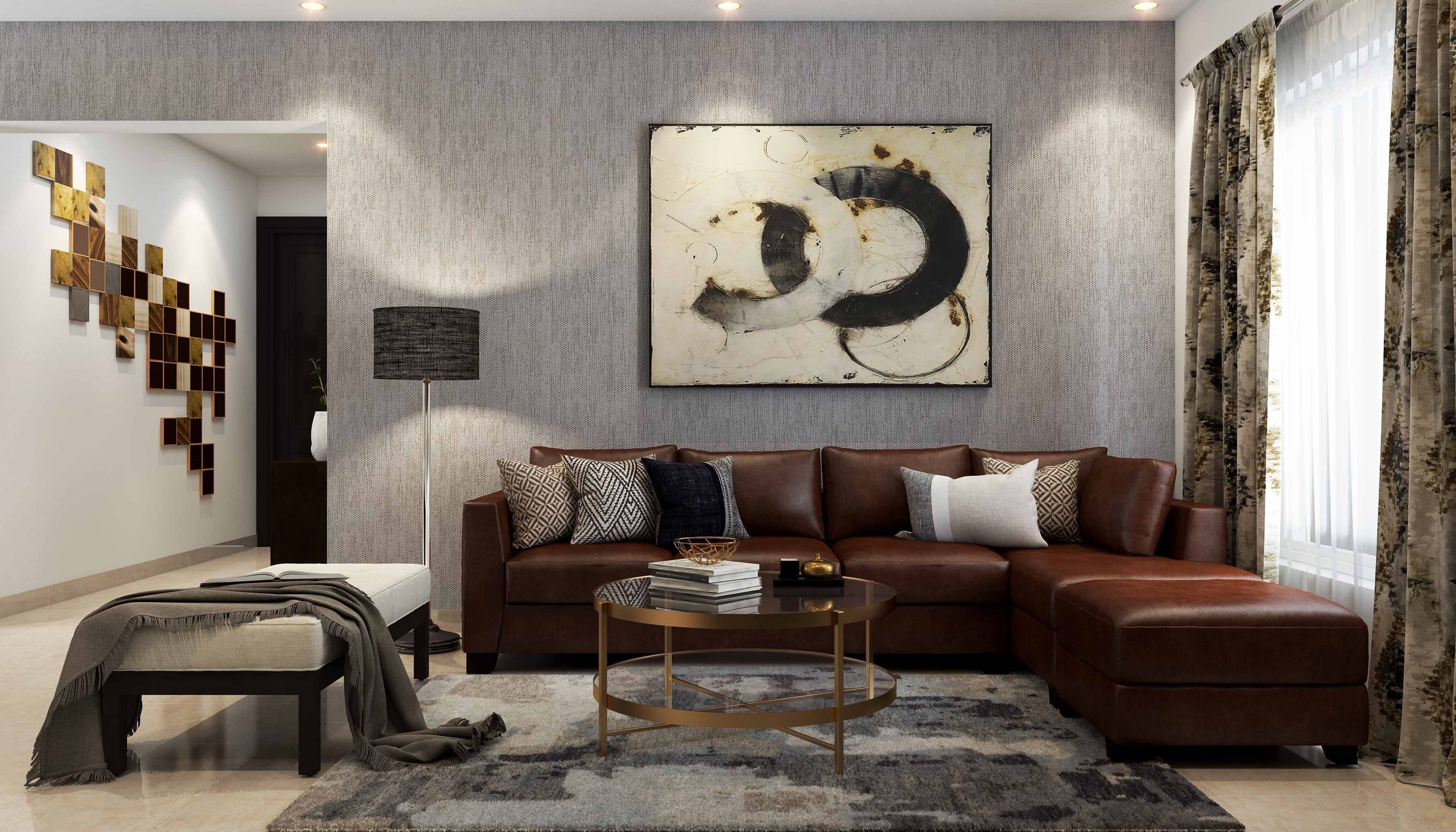 Living Room Design with L-Shaped Leather Sofa