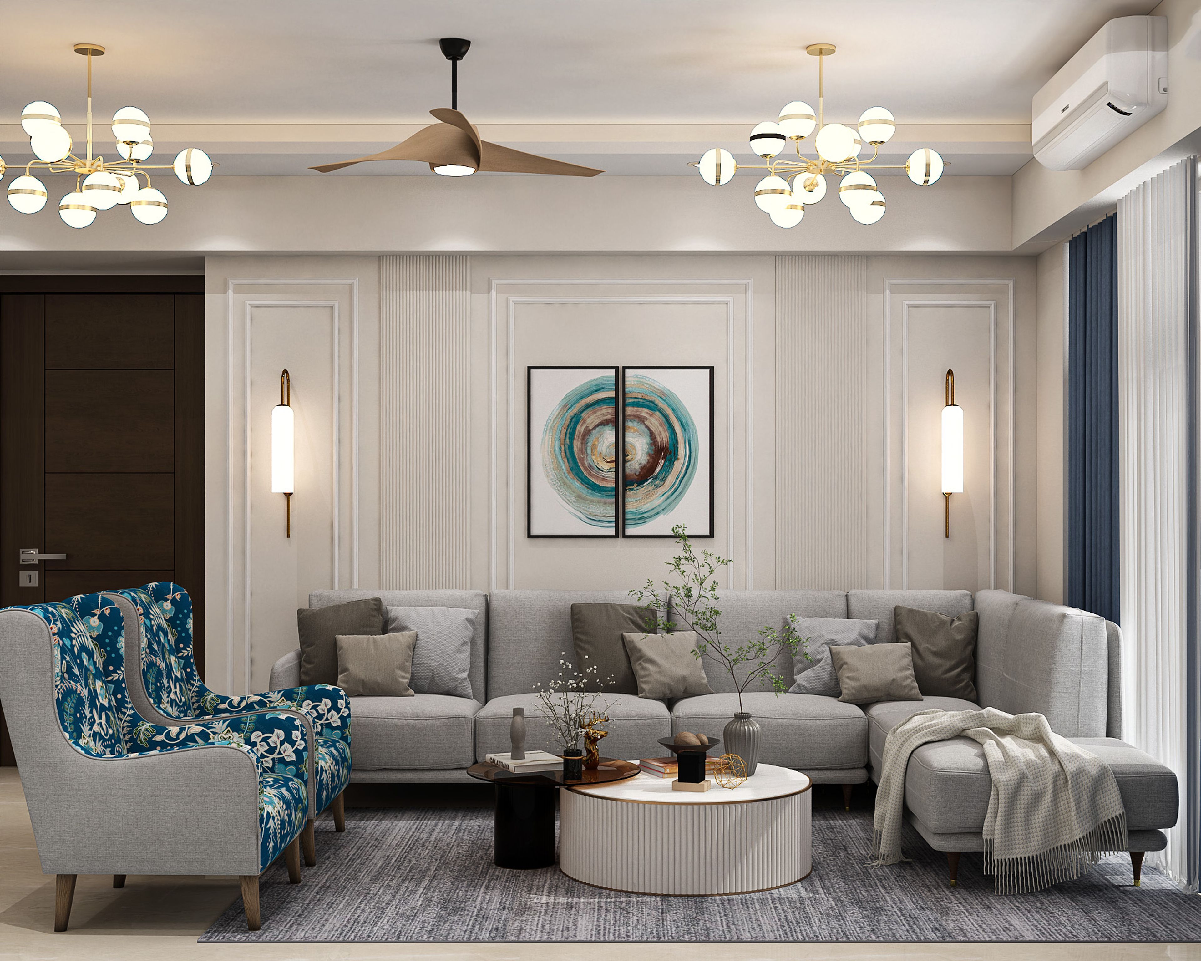 Living Room Design with Grey L-Shaped Sofa