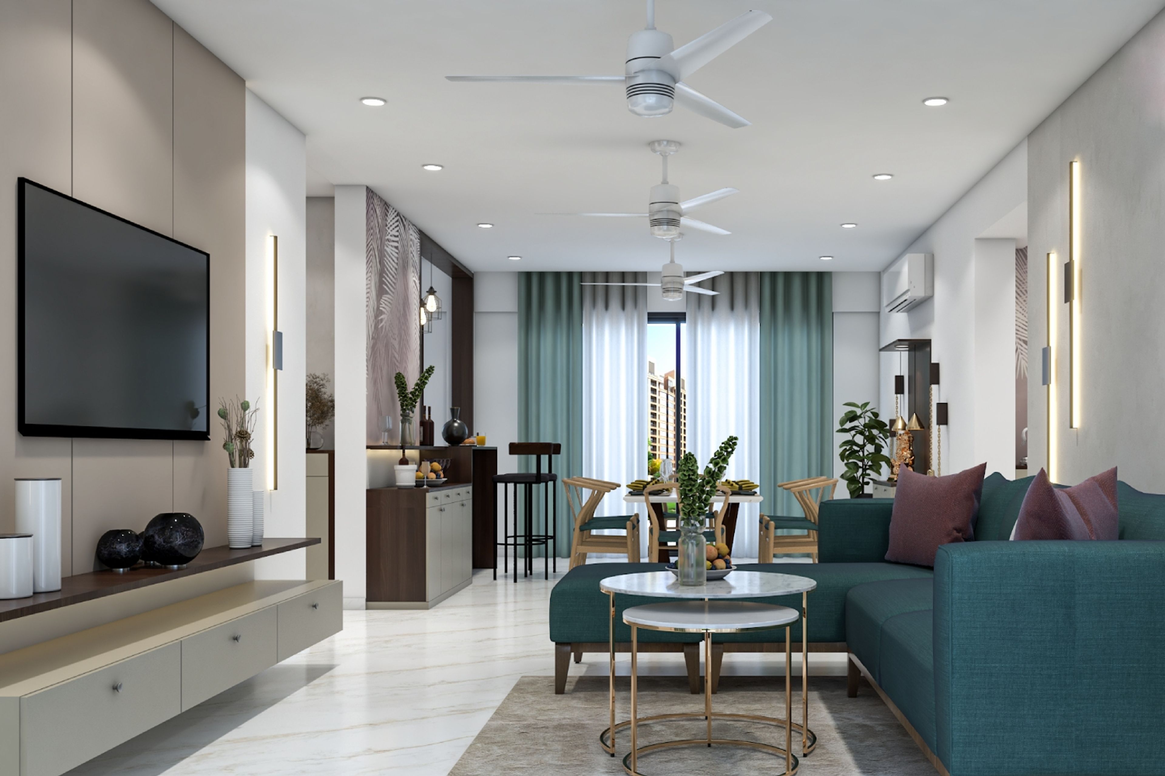 Living Room Design with Teal L-Shaped Sofa