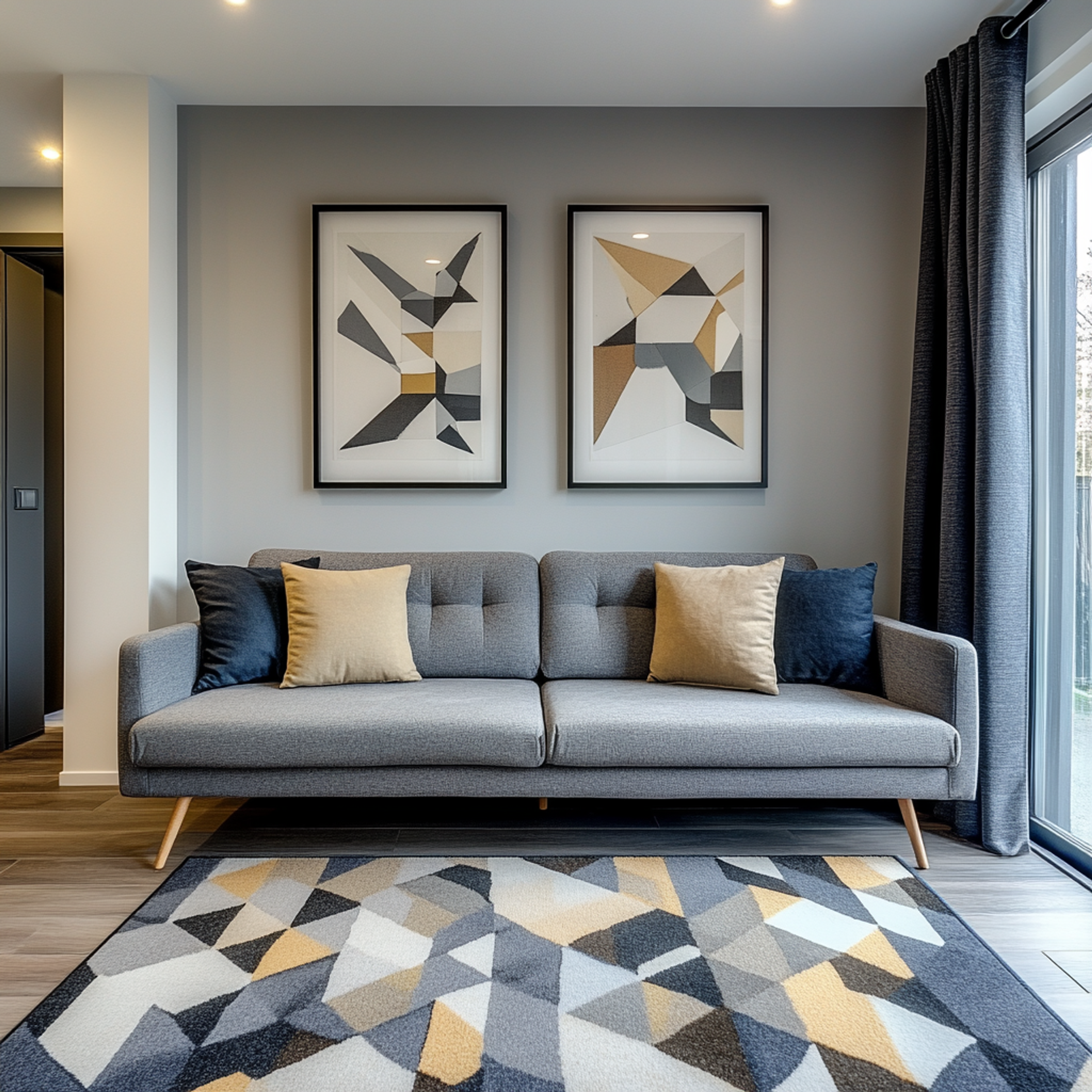 Living Room Design with 2-Seater Grey Sofa