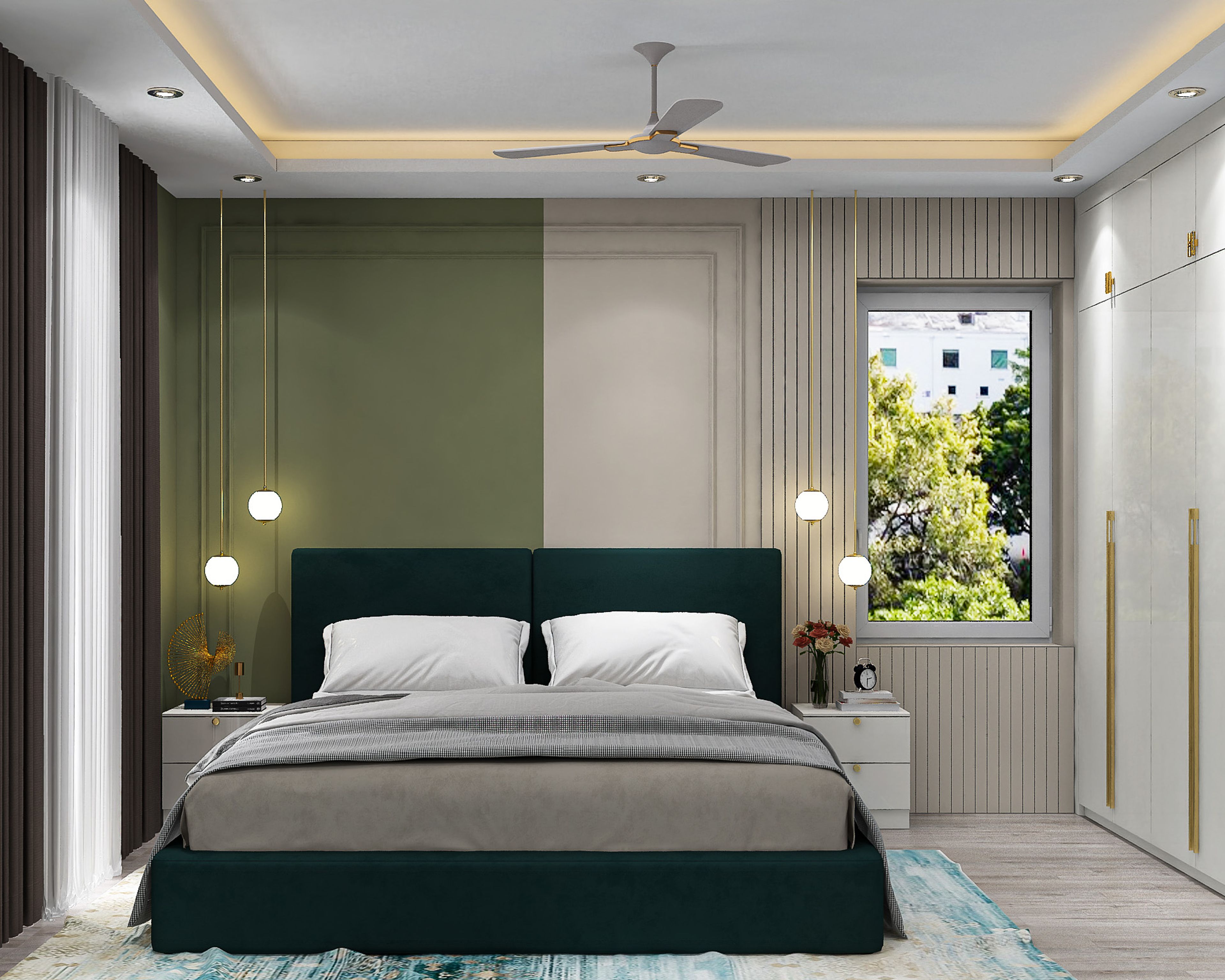 Master Bedroom Design with Dark Green Bed