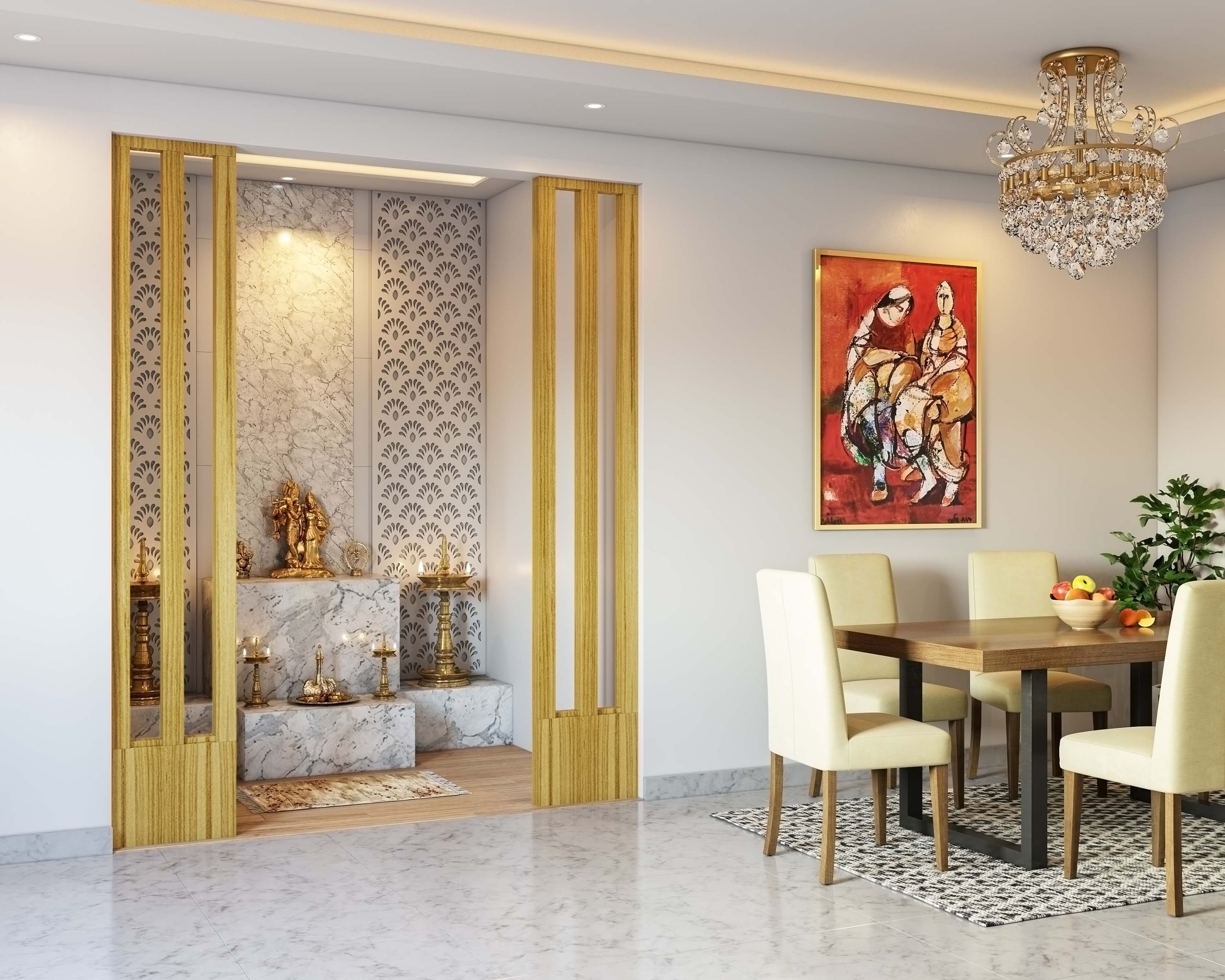Contemporary Pooja Room Design with Marble Panels and Wooden Partitions