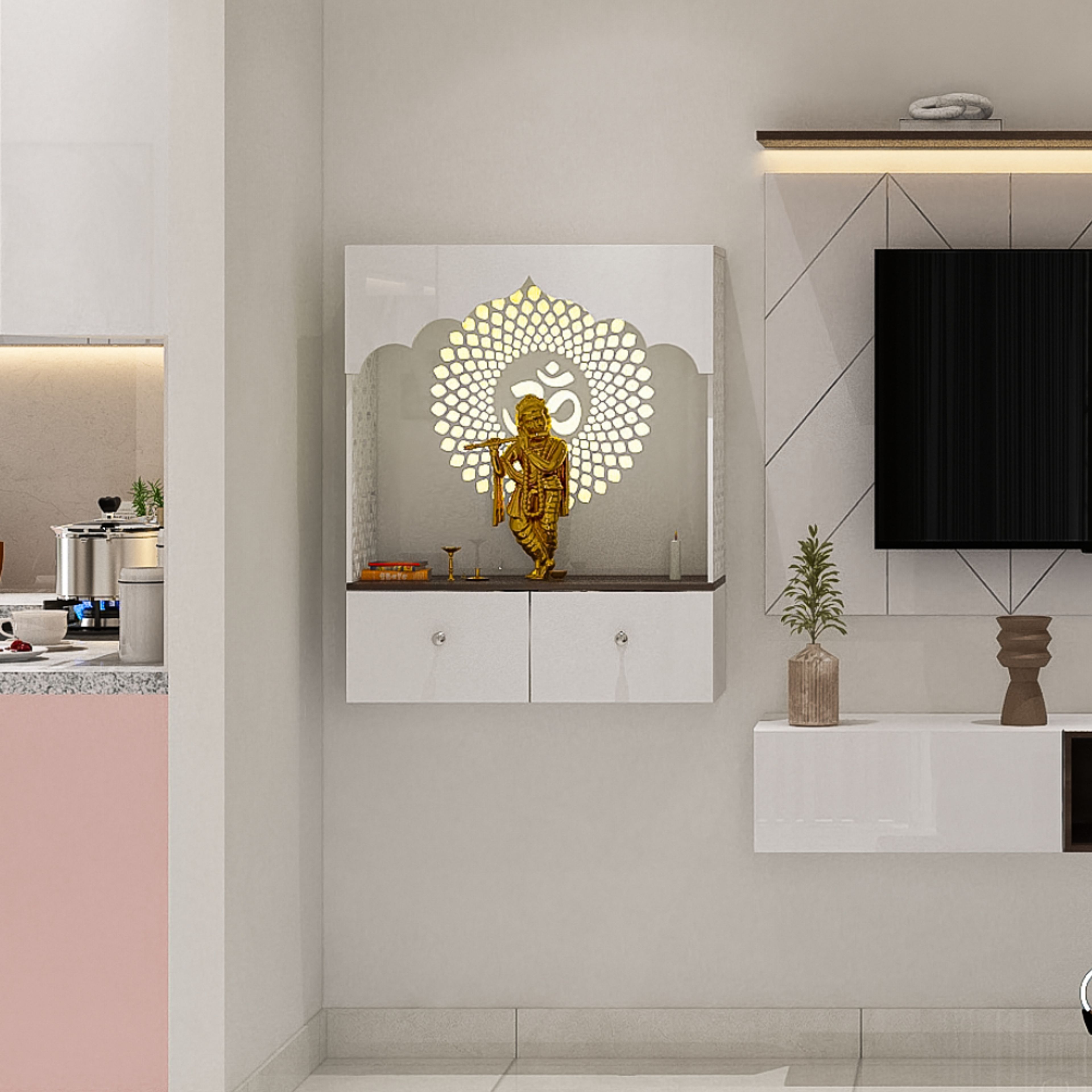 Modern Wall-Mounted White Pooja Unit Design with OM Mandala Design
