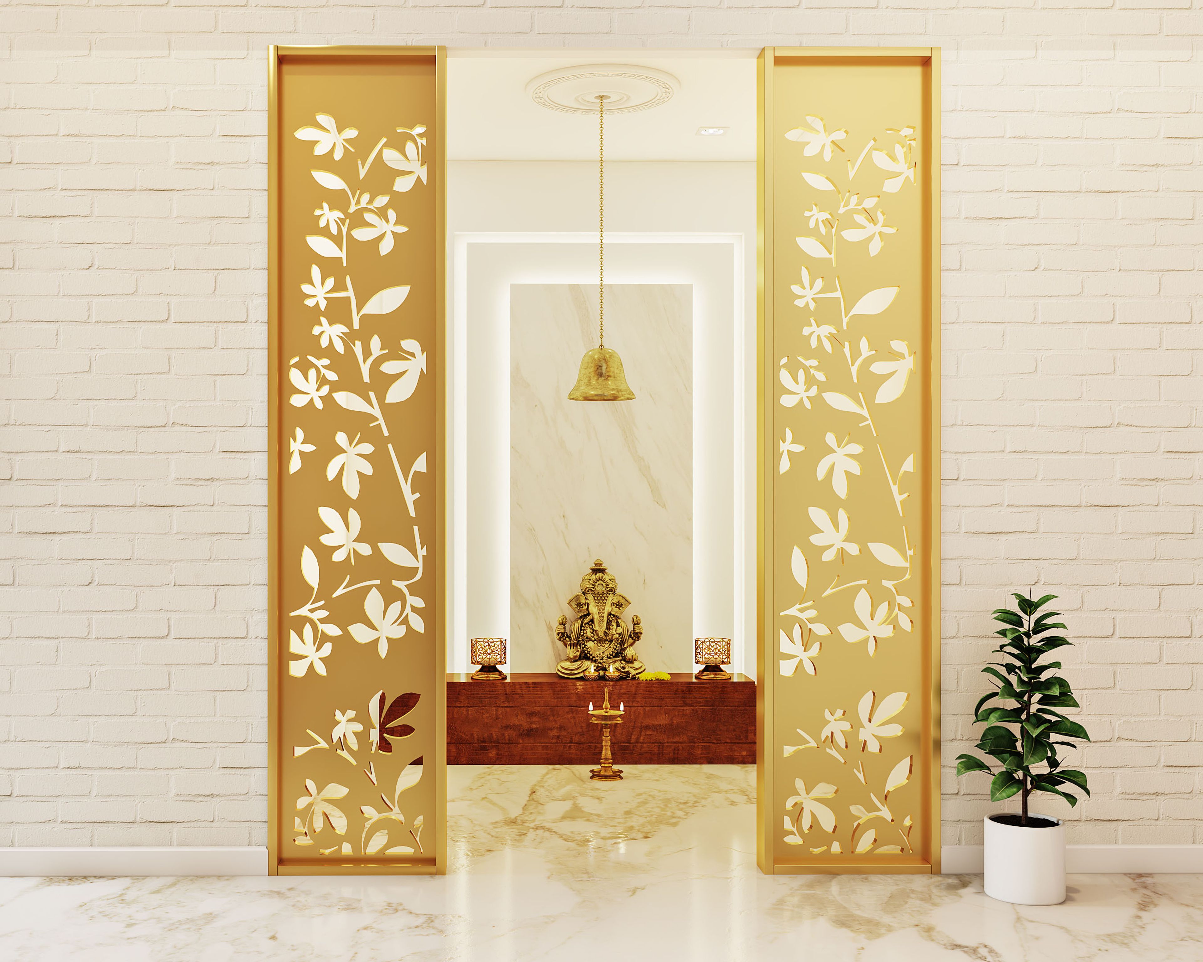 Contemporary Pooja Unit Design with Storage and Marble Accent Wall