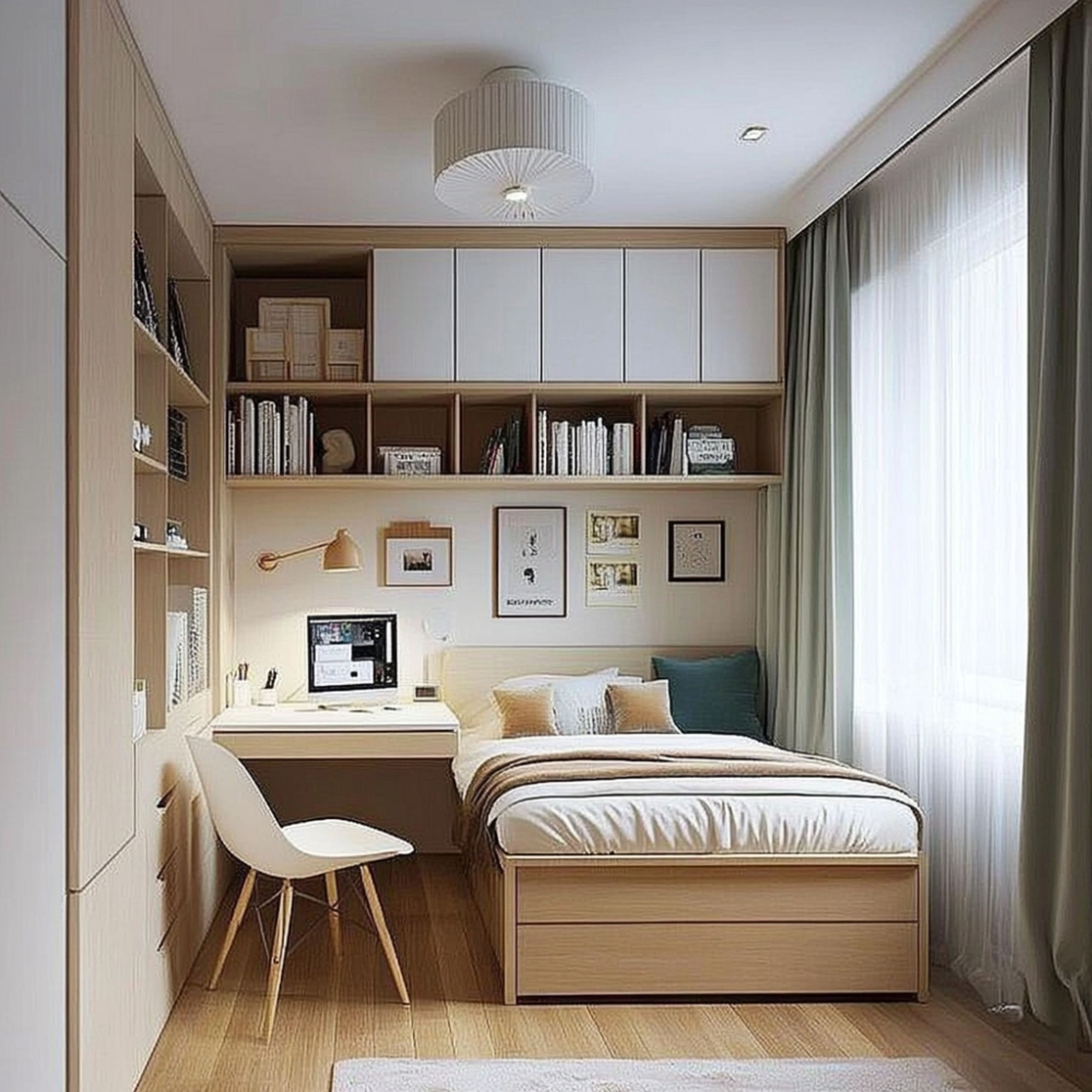 Efficient Space Saving Bedroom Design with Integrated Furniture and Storage