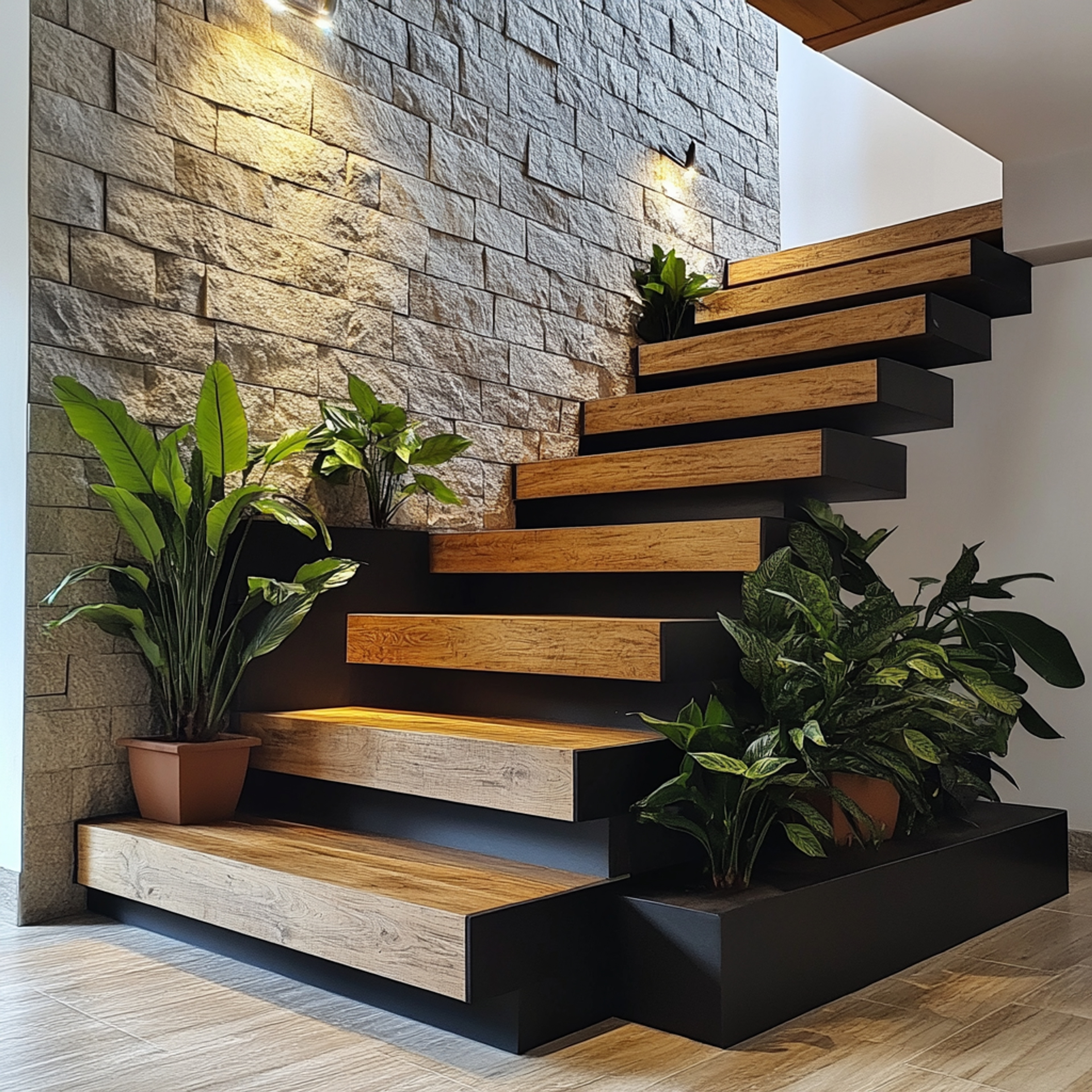 Modern L-Shaped Staircase Design with Wooden Steps and Steel Frame