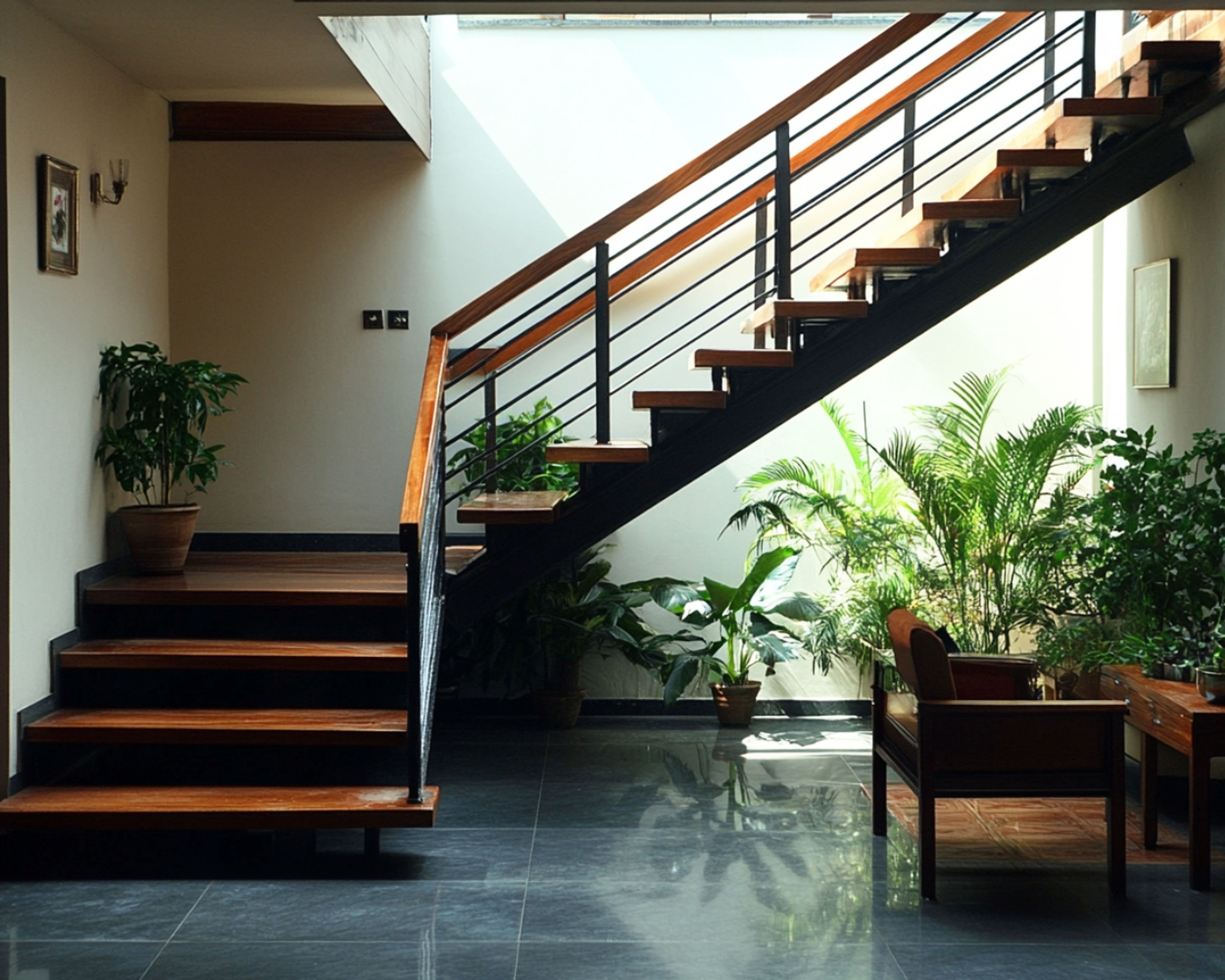Tropical L-Shaped Staircase Design with Metal and Wood Materials