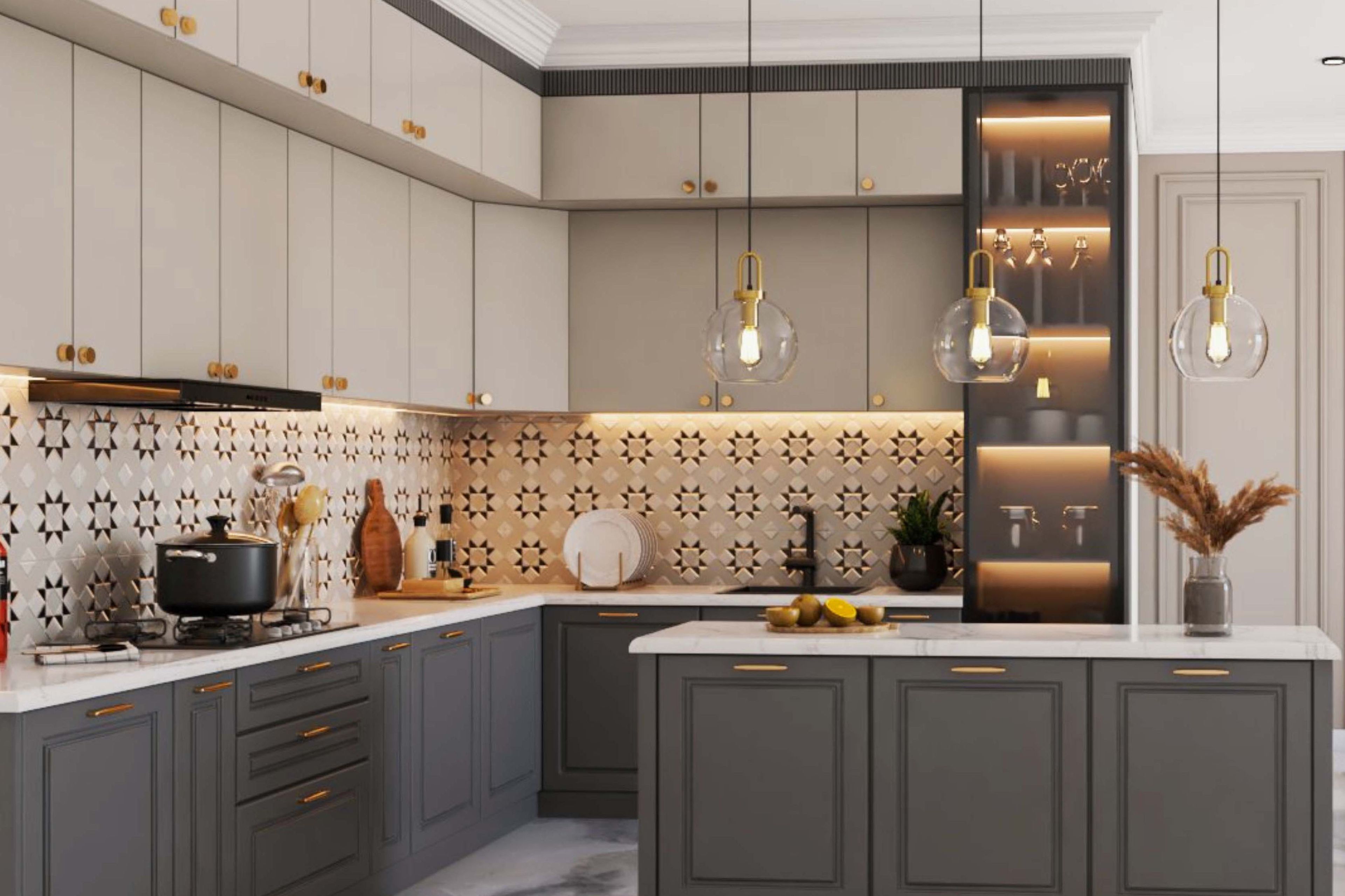 Moroccan Beige and Black Ceramic Tiles Design with Geometric Patterns