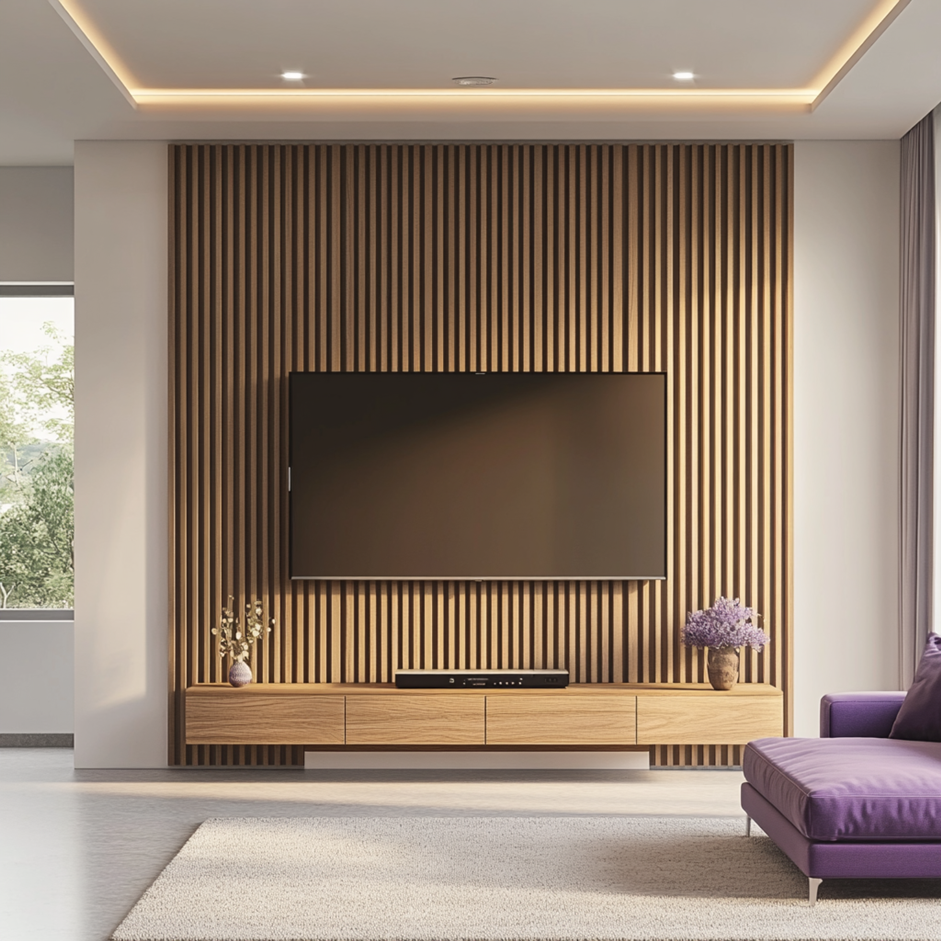 Modern TV Unit Design with Brown Laminate Finish and Fluted Panel