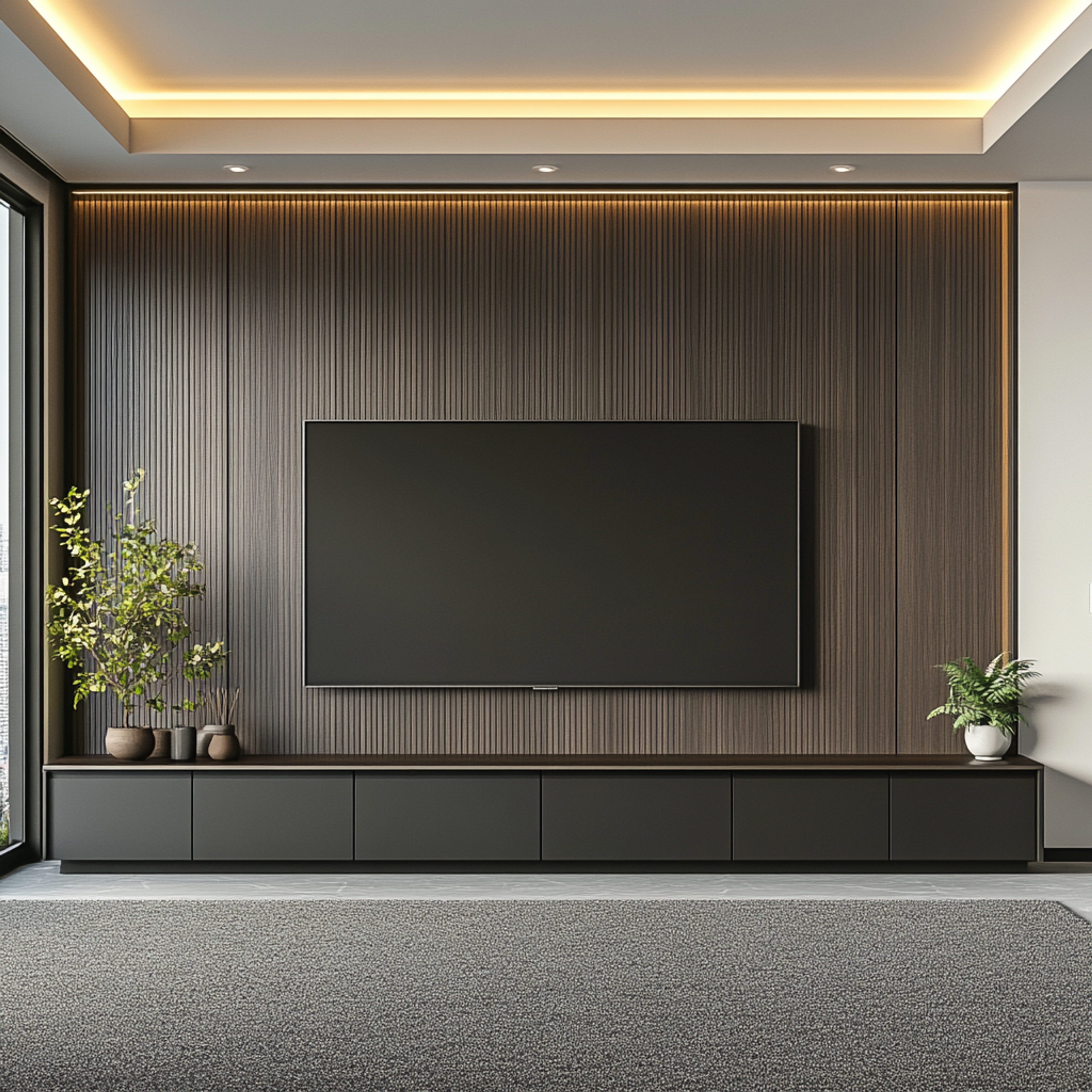 Modern Black TV Unit Design with Fluted Panel and Lighting