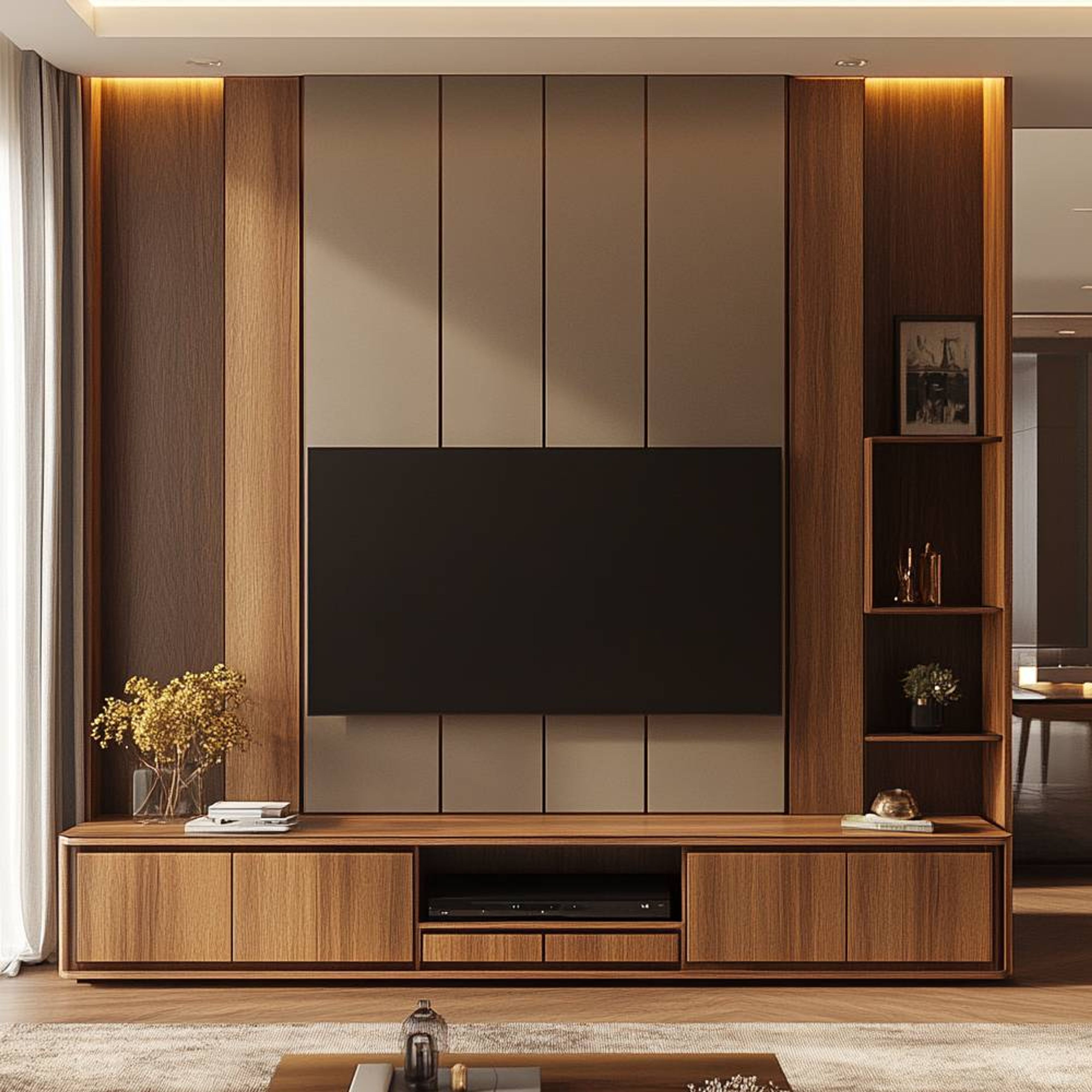 Modern Wall-Mounted TV Unit Design with Wood Backpanel and Strip Light