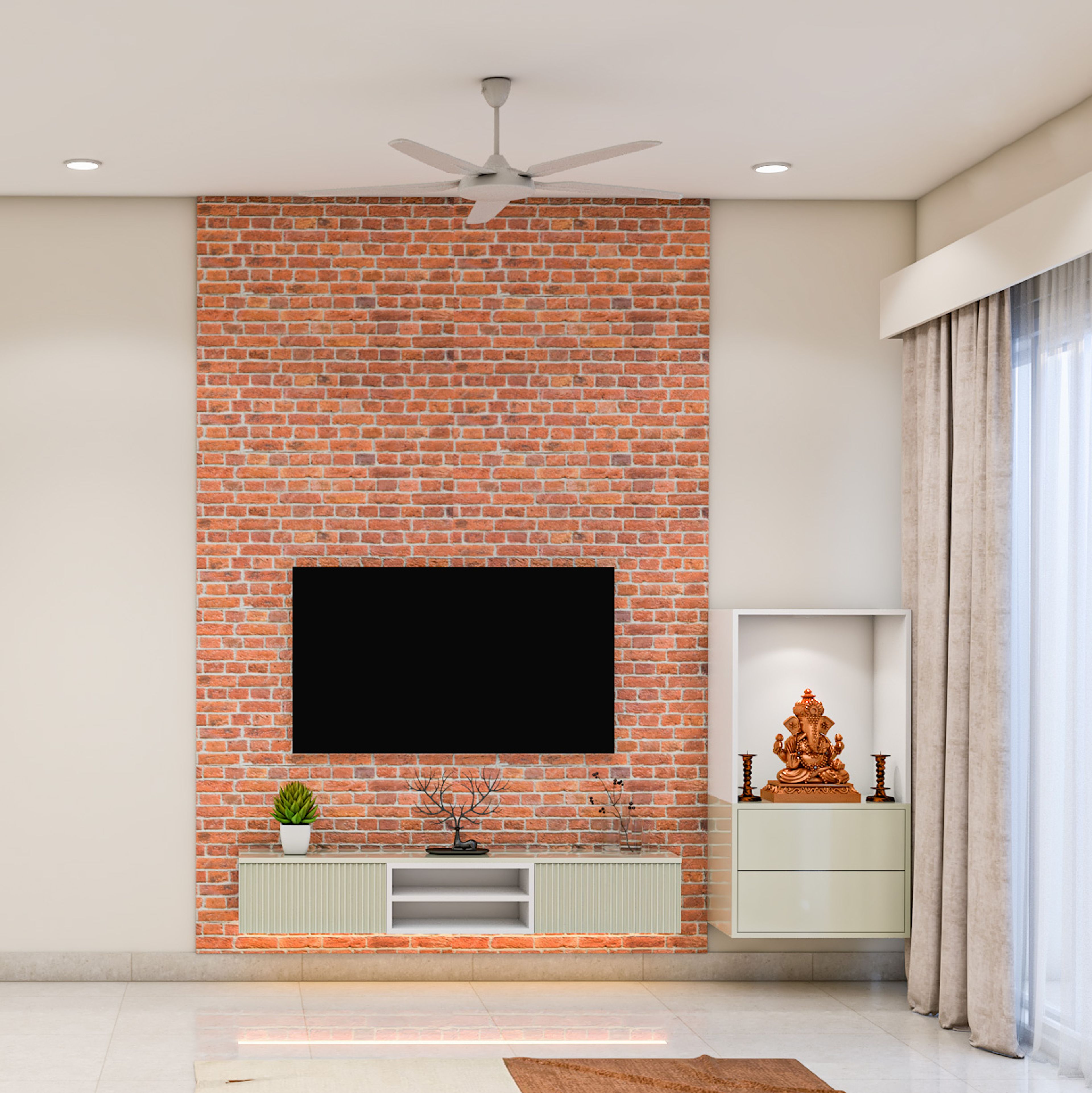 Industrial Wall-Mounted TV Unit Design with Champagne and White Finish